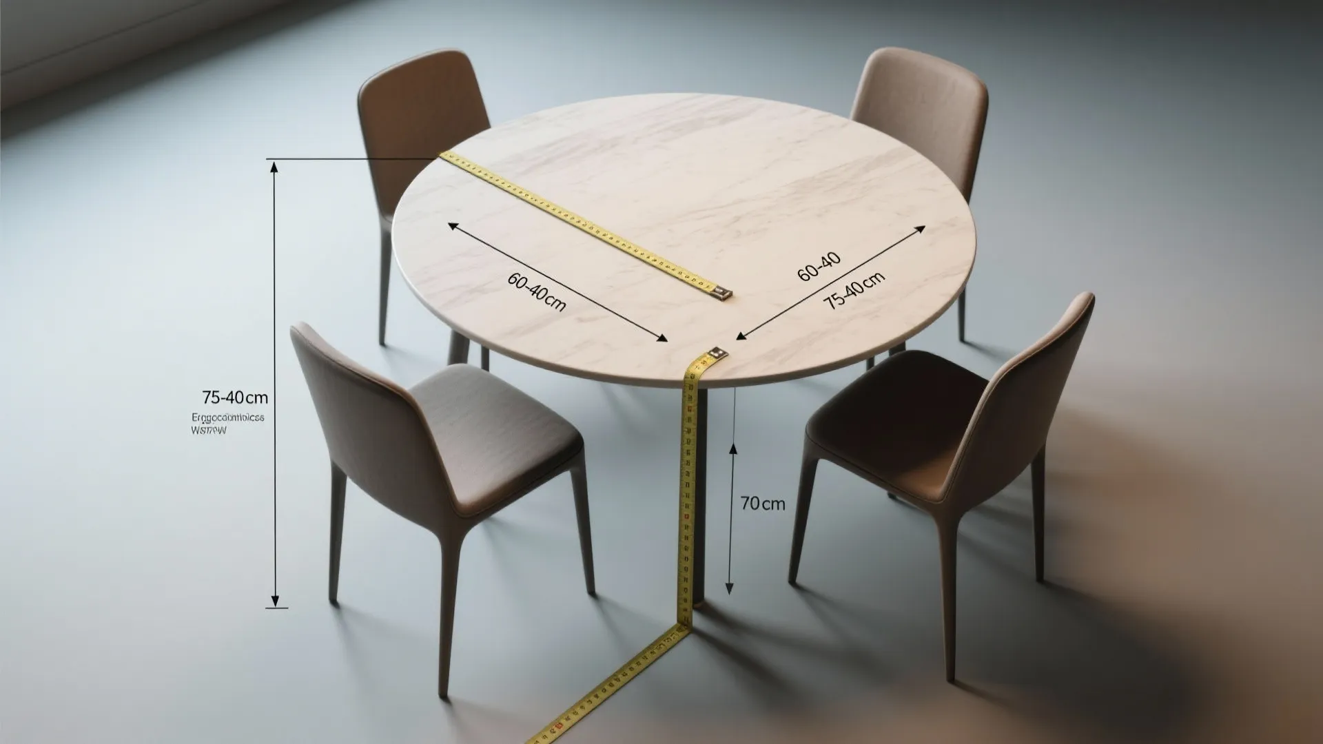 Round marble dining table with four grey chairs showing measurement lines and yellow tape ruler