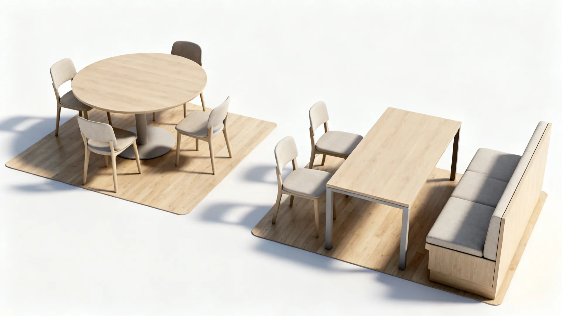 Top-down layouts showing small dining table options with clear circulation space.