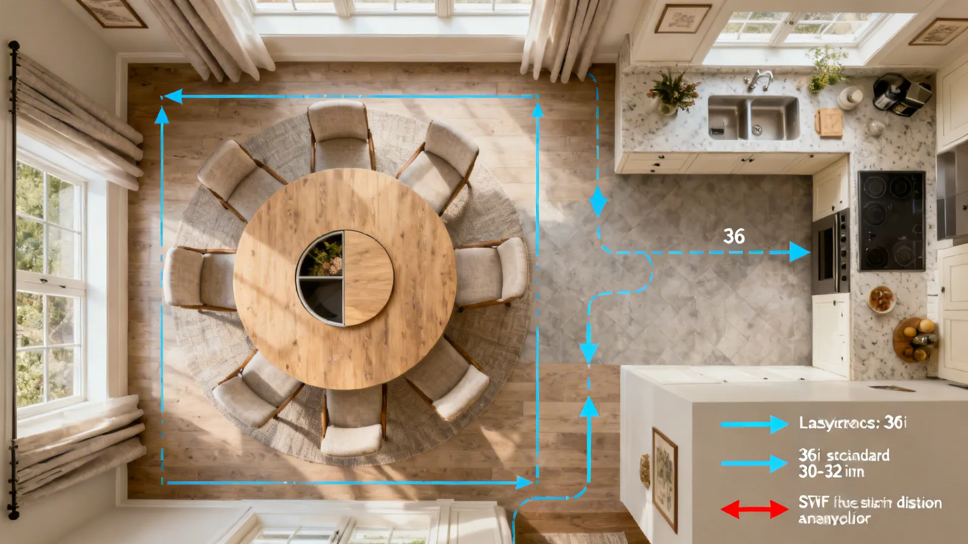 Top down view of a dining room layout showing table clearance measurements using blue arrows