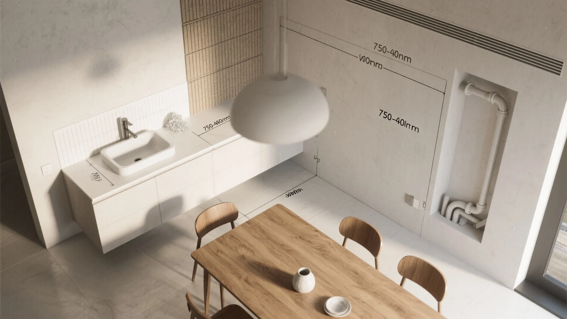 Modern kitchen and dining area layout design with wooden table chairs white sink and measurements
