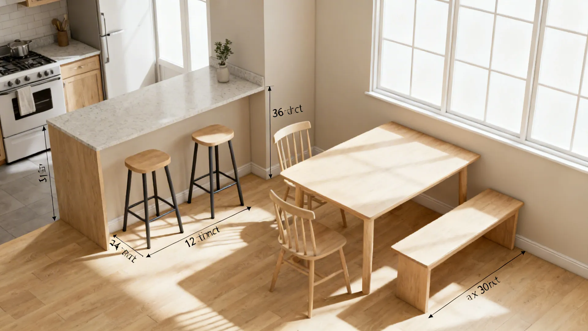 Top-down view of stools and a small dining table with clear circulation space.