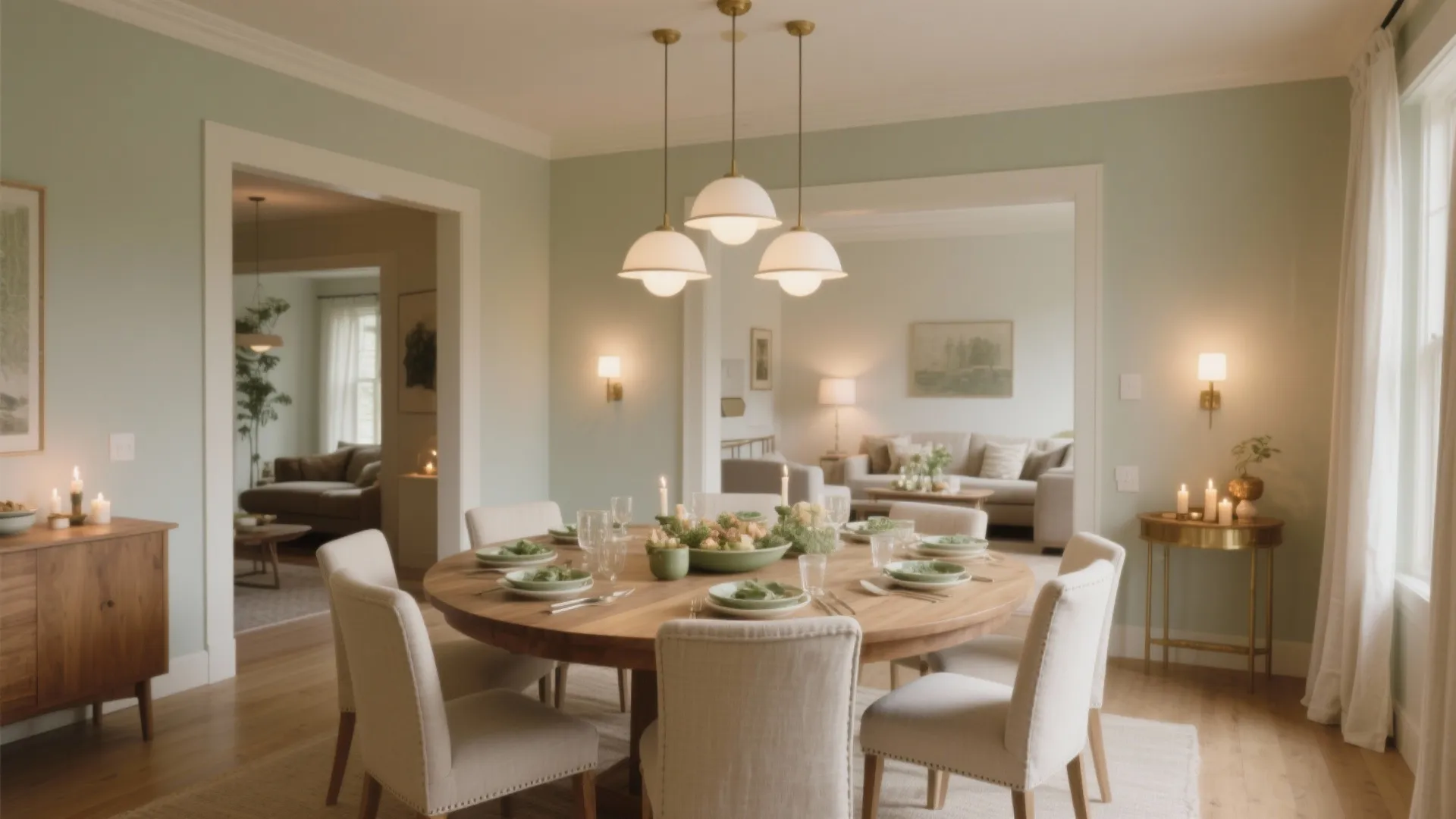 Dining room with round wooden table white chairs green walls ceiling light and warm candles