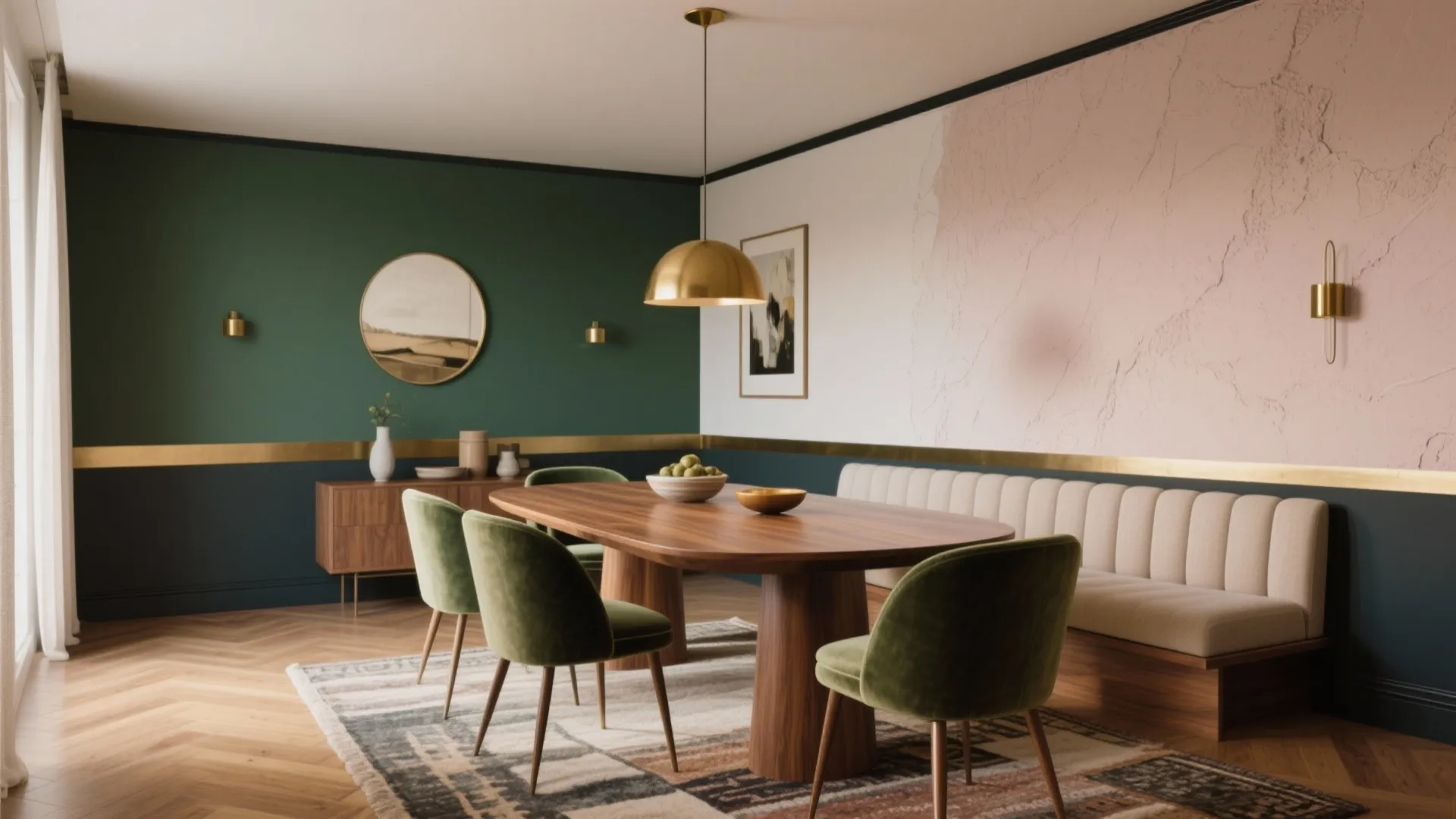 Modern dining room with green and pink walls wooden table green chairs and gold ceiling light
