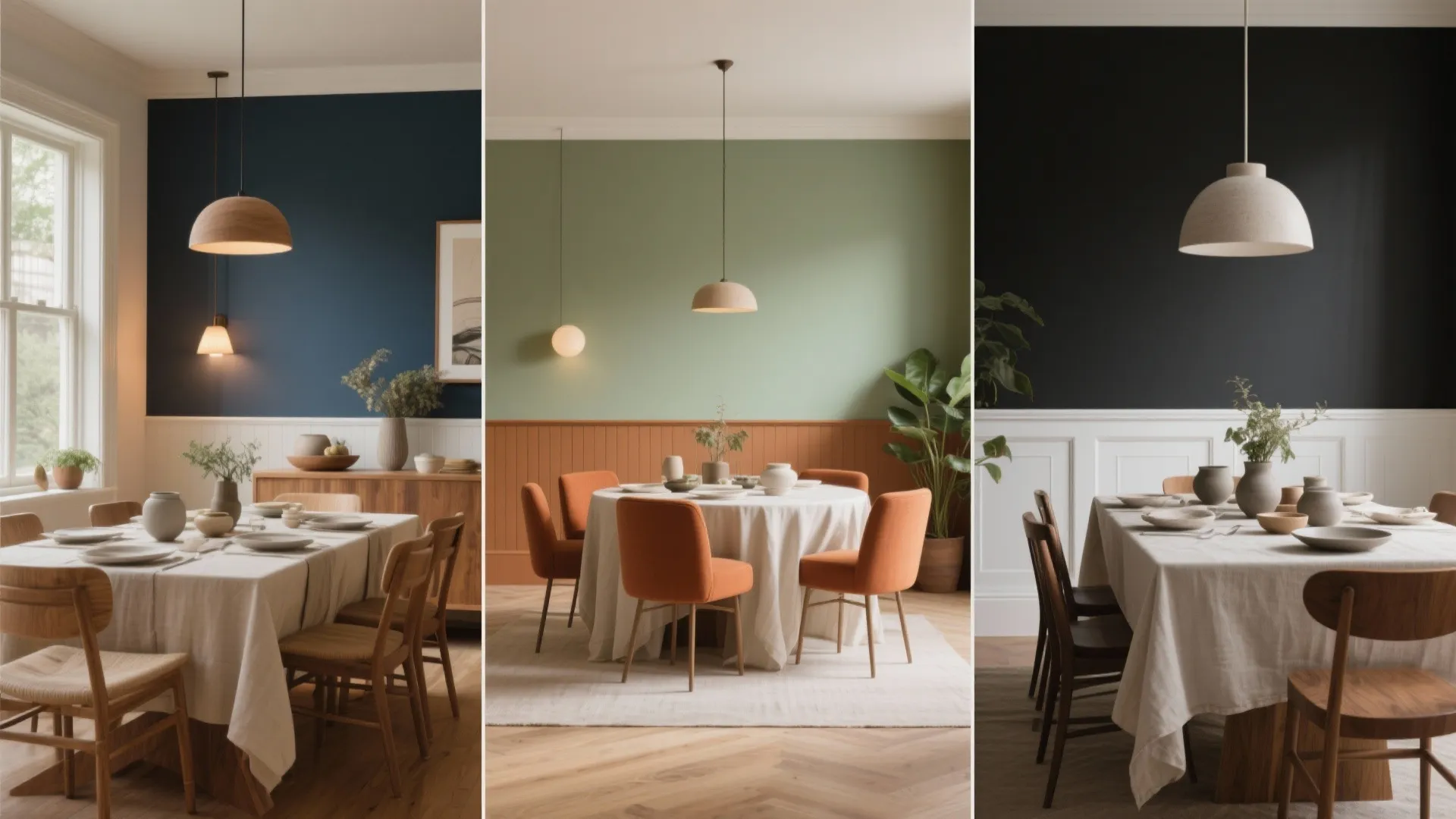 Three different dining room designs showing blue green and black wall colors with wooden furniture