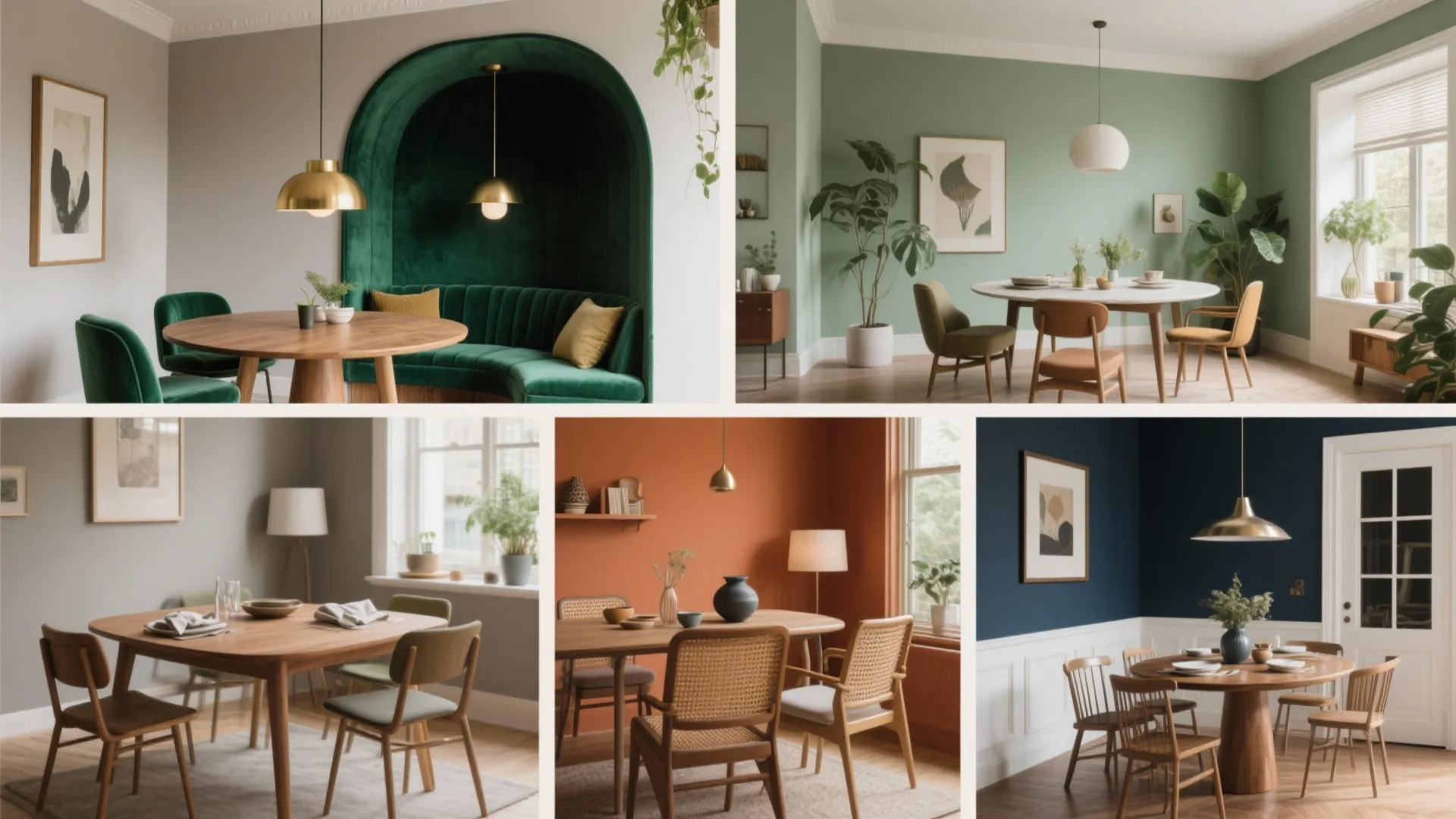Collage showing five different dining room designs with various wall colors furniture and light fixtures