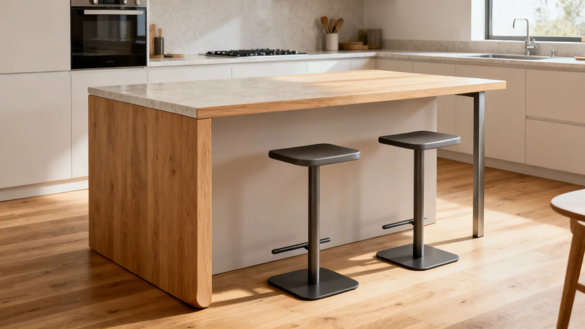 Compact kitchen island with two-sided overhang serving as a dining table in a studio.