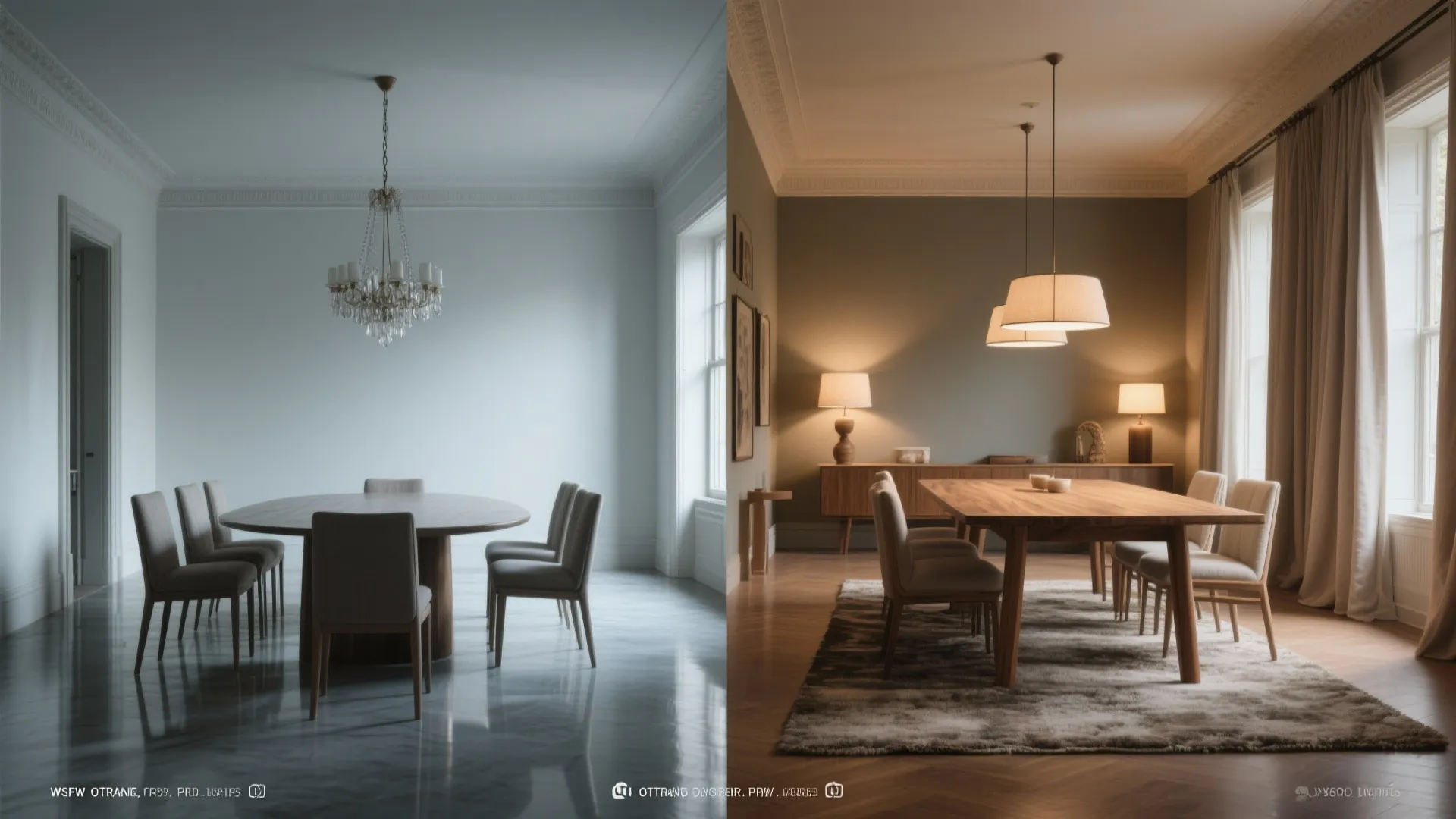 Side-by-side comparison showing a cold blue dining room and a warm cozy lit dining room