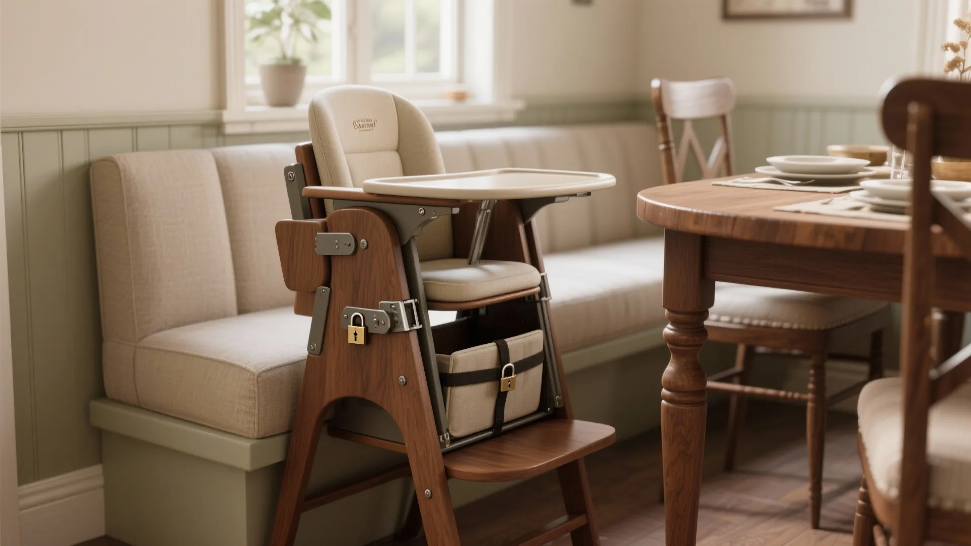 Wooden baby high chair positioned next to a dining table and a long padded bench
