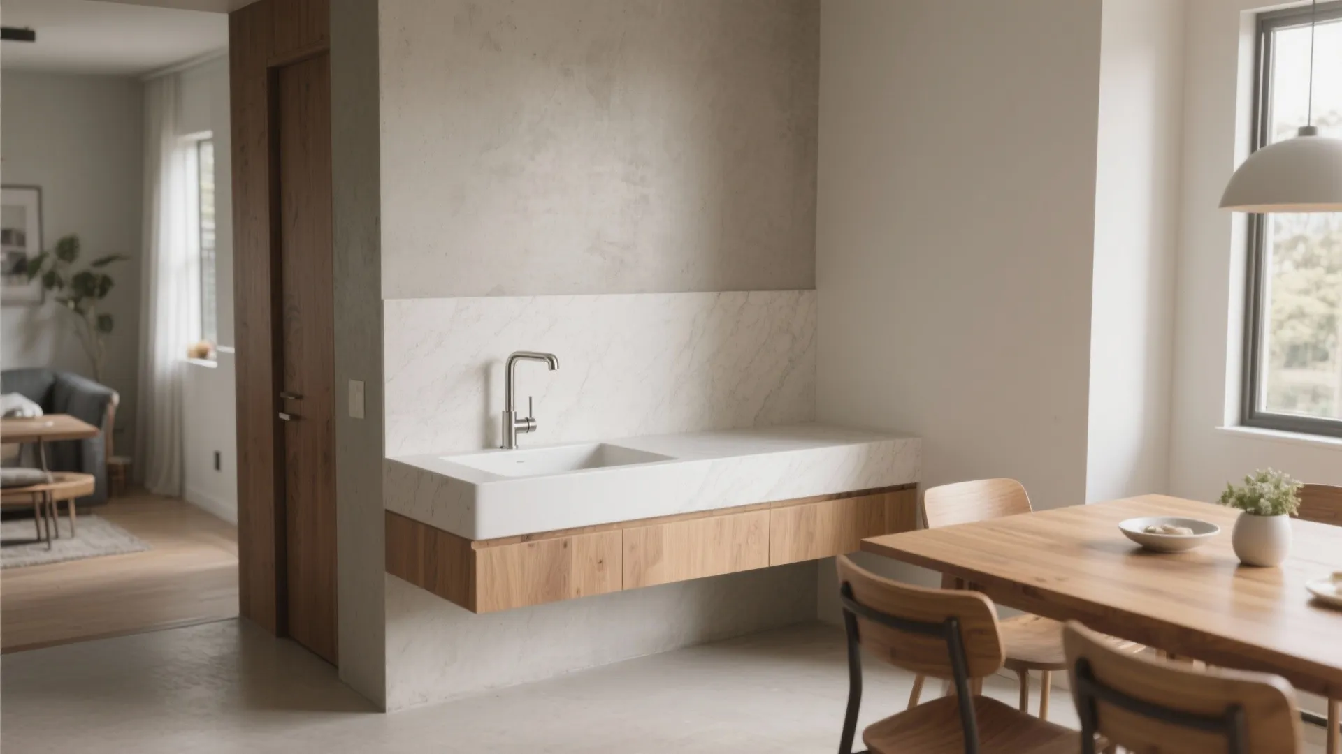 Modern white wash basin on wood cabinet in dining area with wooden table and chairs