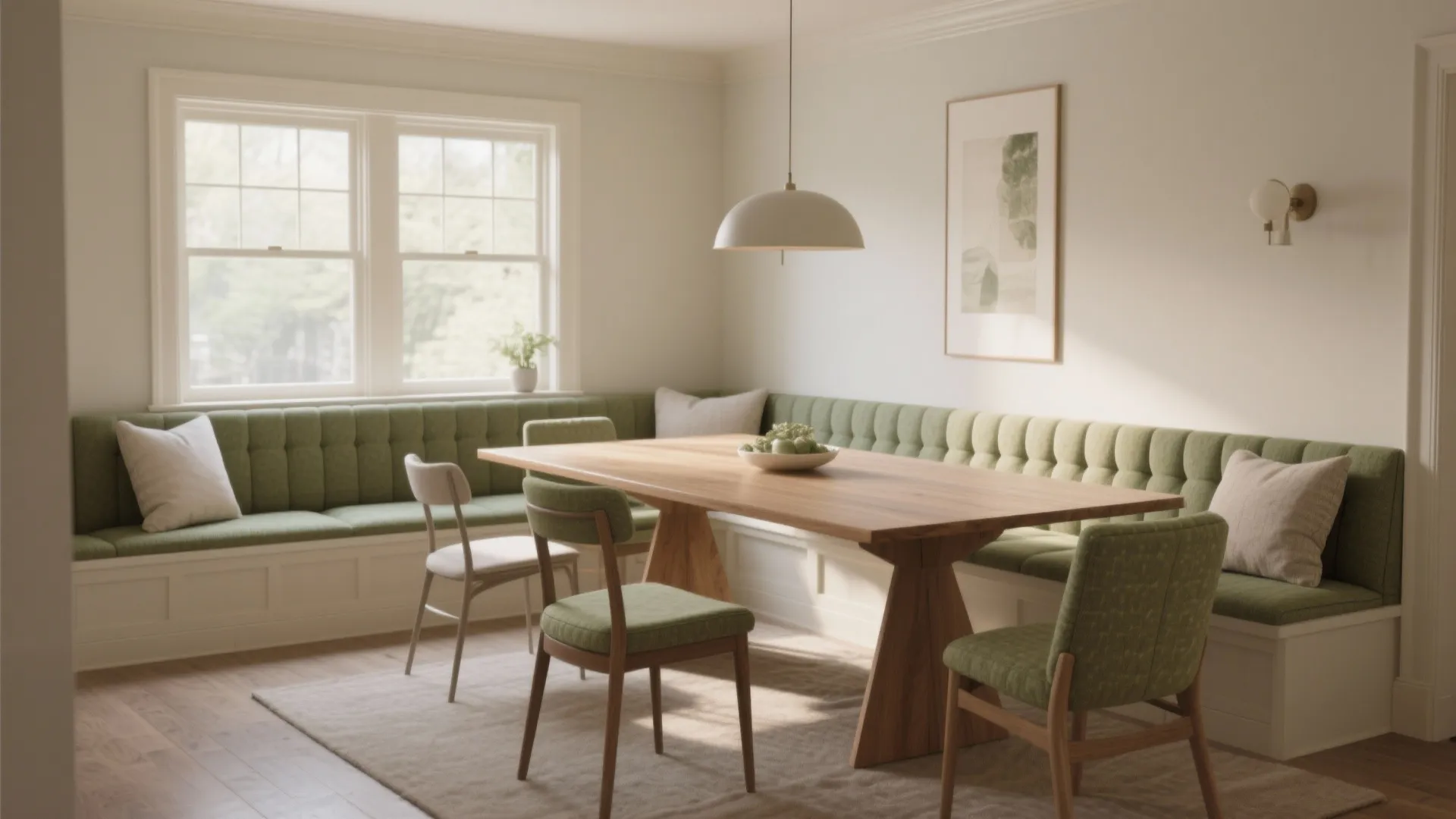 Dining area with green wall panel bench wooden table and ceiling light in bright room