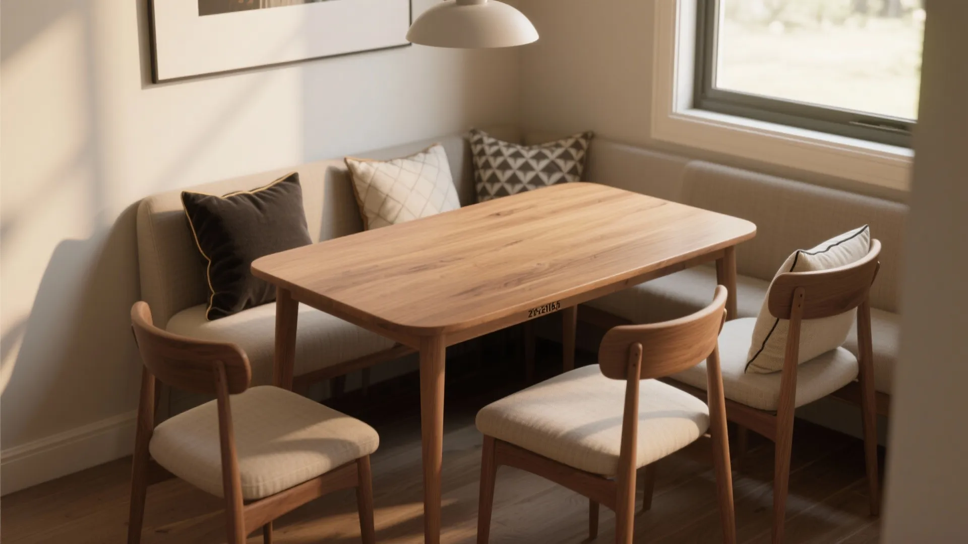 Dining area with wooden table, chairs, cushioned bench seat, throw pillows, and white ceiling light