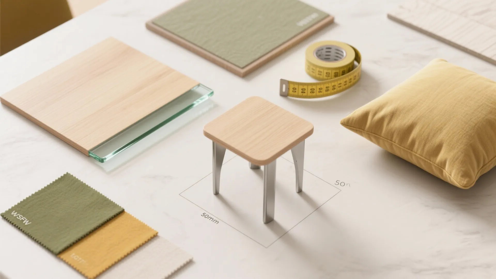 Material samples with wood panels green fabric yellow pillow measuring tape and small wooden stool