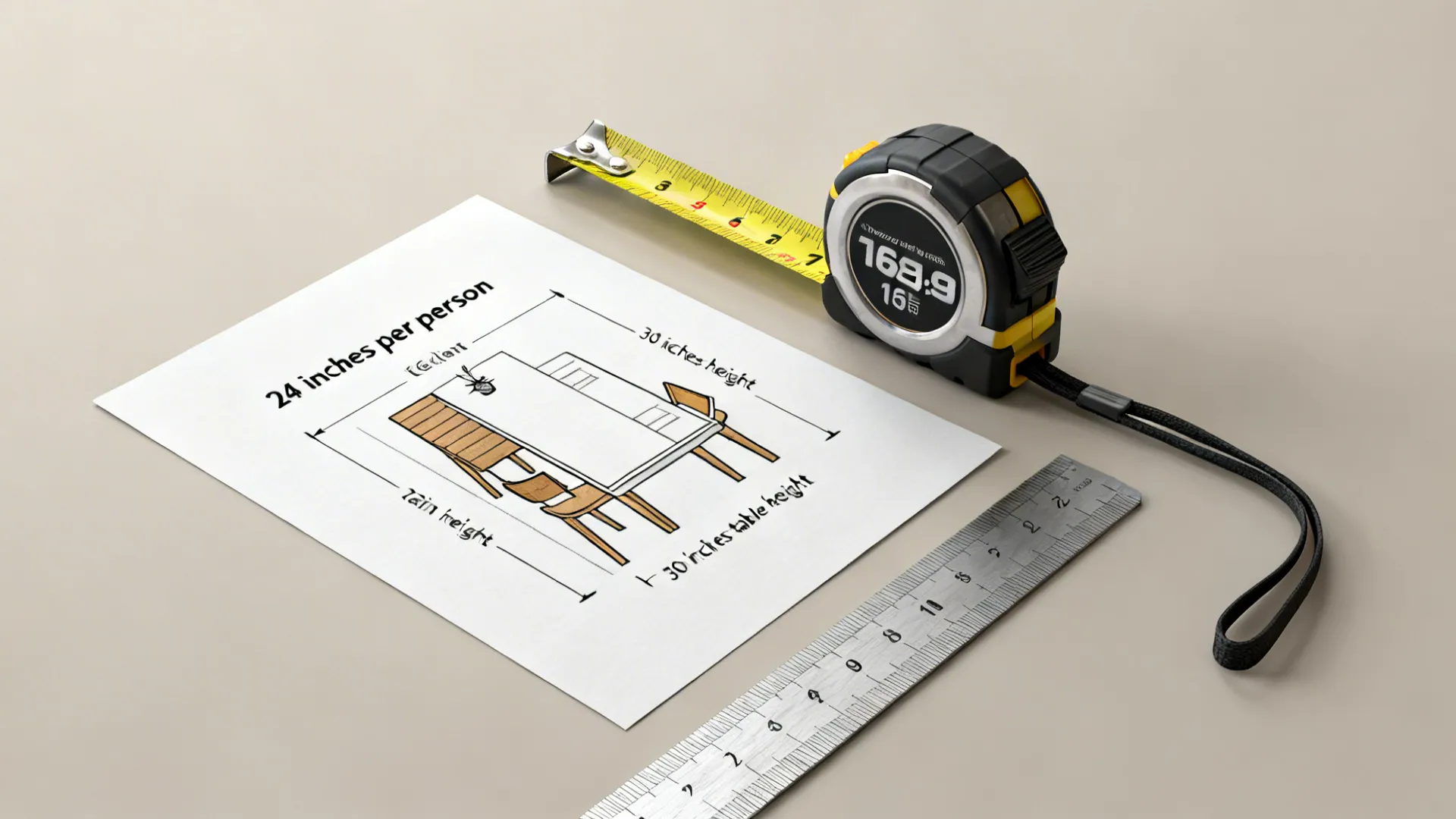Measuring tape and printed diagram illustrating dining space dimensions and clearances