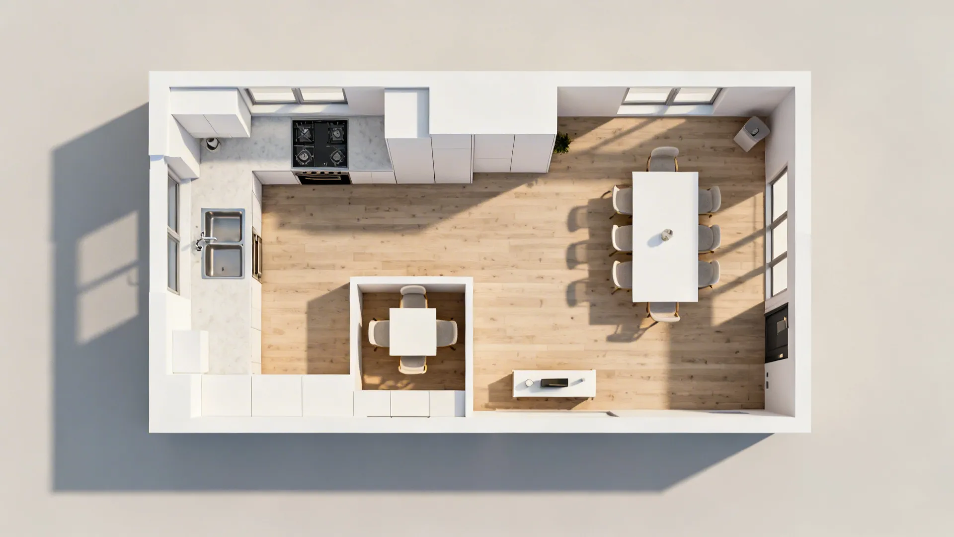 Top-down vignette showing kitchen, adjacent dining nook, and a farther dining room with staging console.