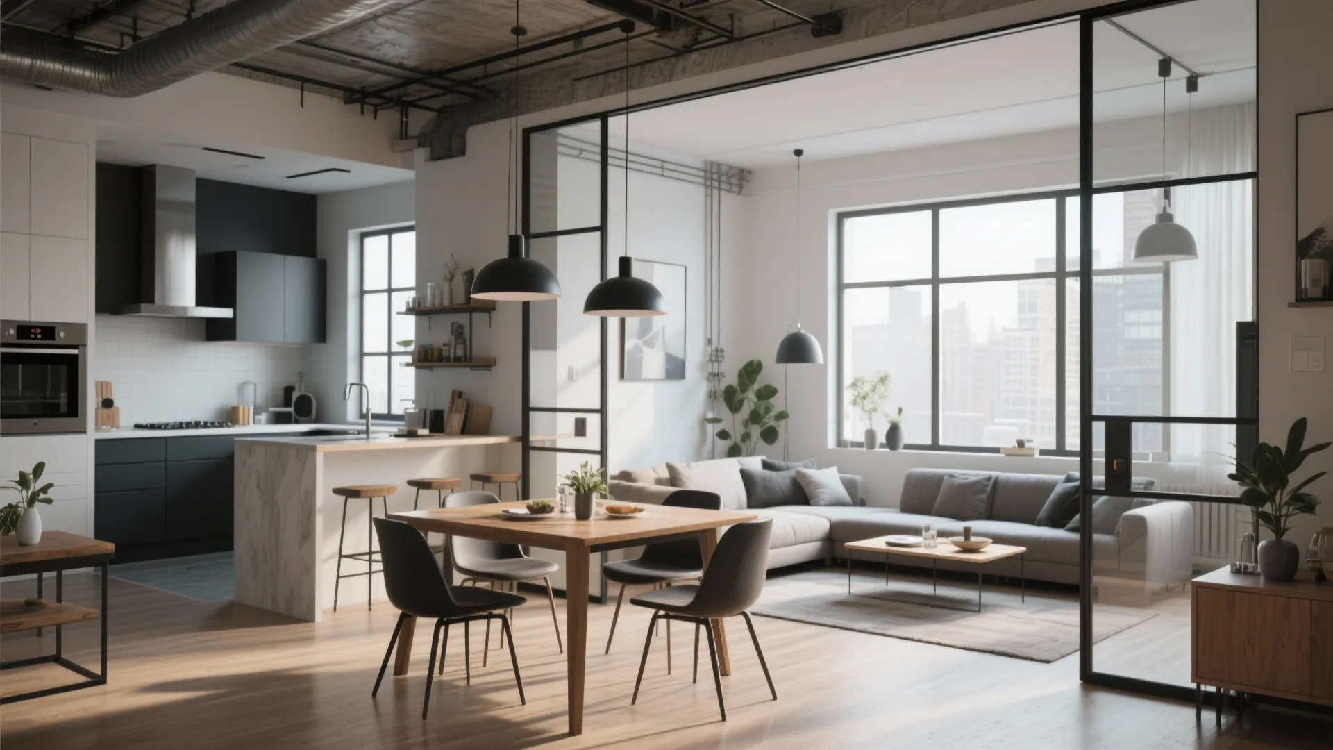 Modern open living area with wooden dining table black chairs grey sofa and glass wall divider