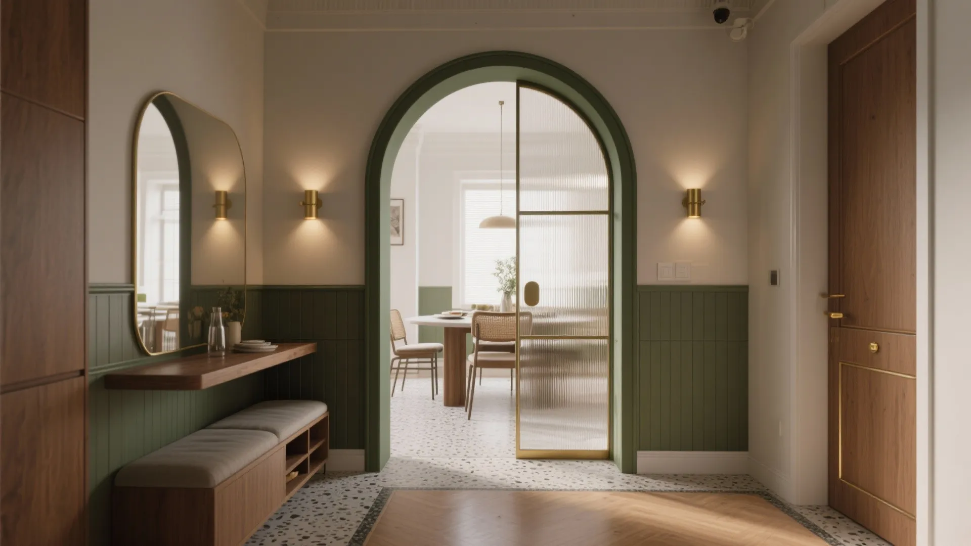 Green arched doorway leading to dining room with glass door mirror bench and wall lights