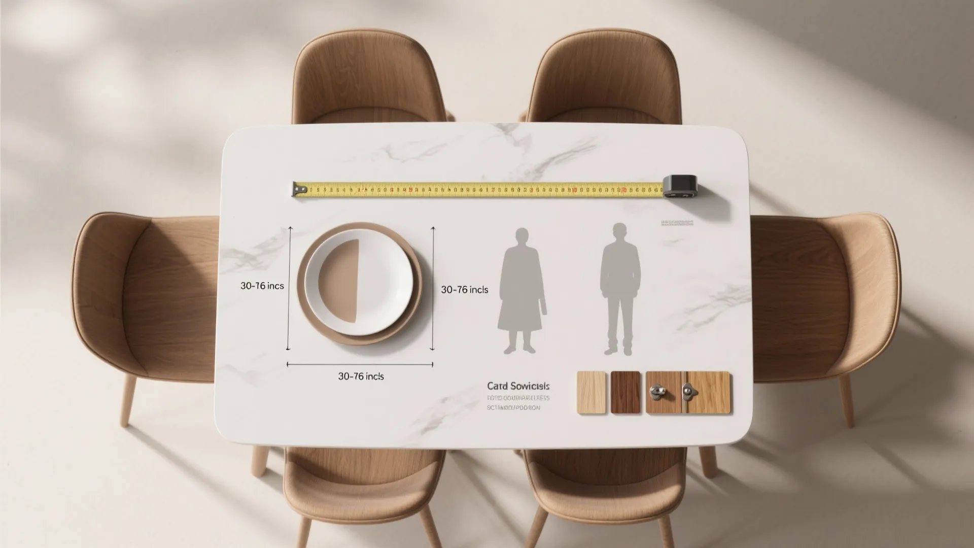 Top view of marble dining table with measuring tape and diagram showing standard seat spacing dimensions