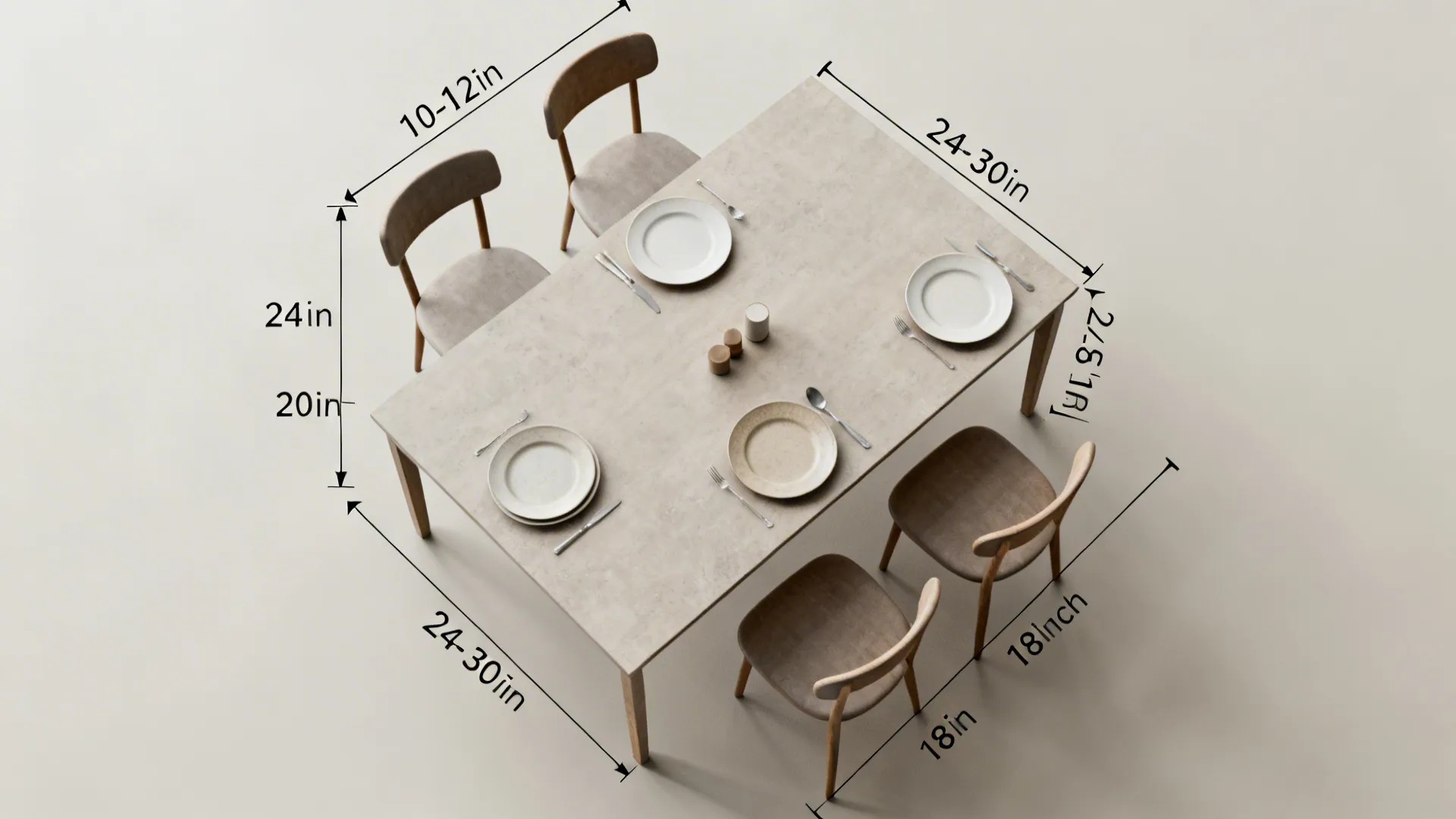 Top view of dining table with chairs showing space measurements for a functional interior layout