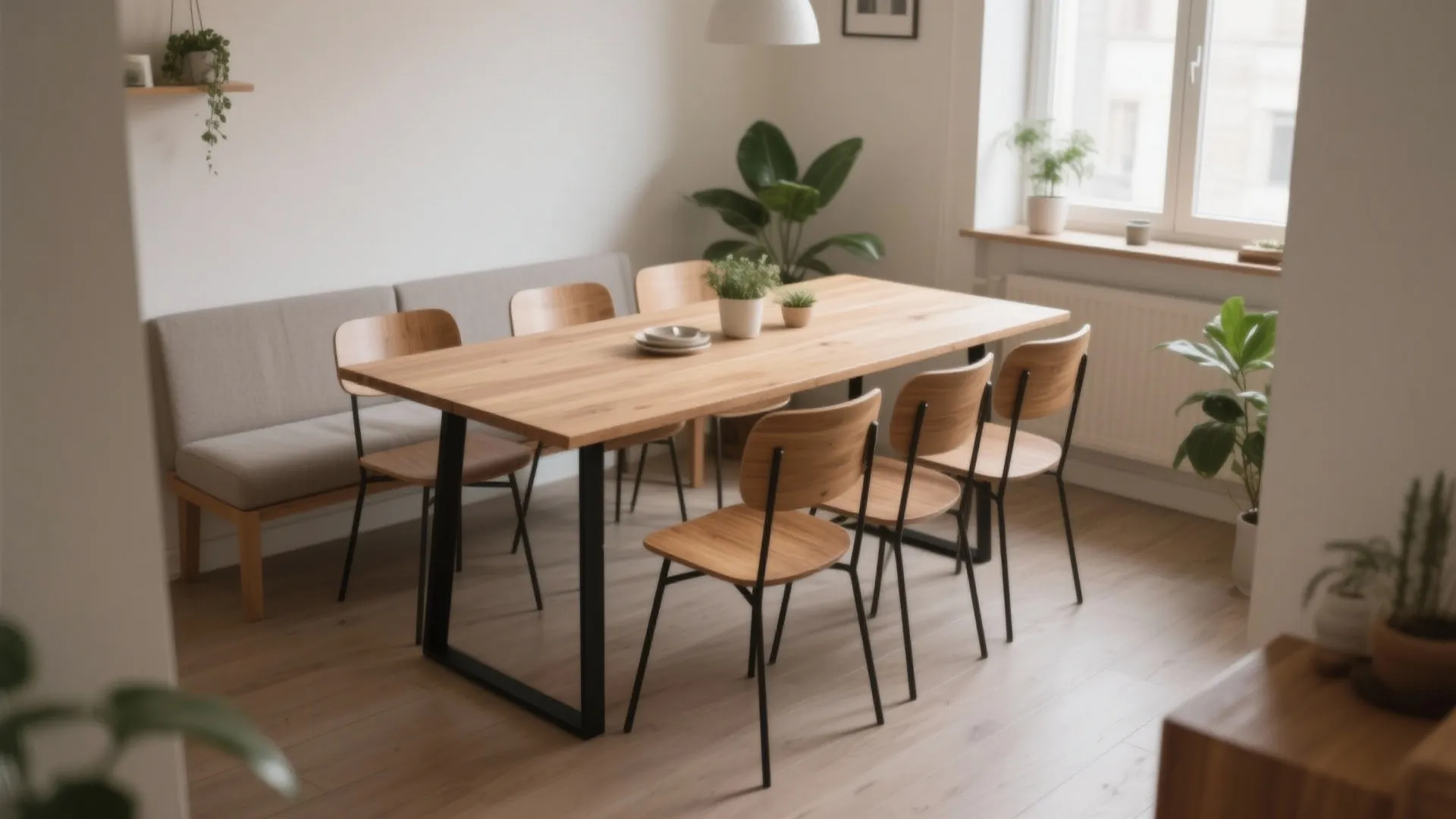Modern wooden dining table with black legs and matching chairs in bright sunlit eating area