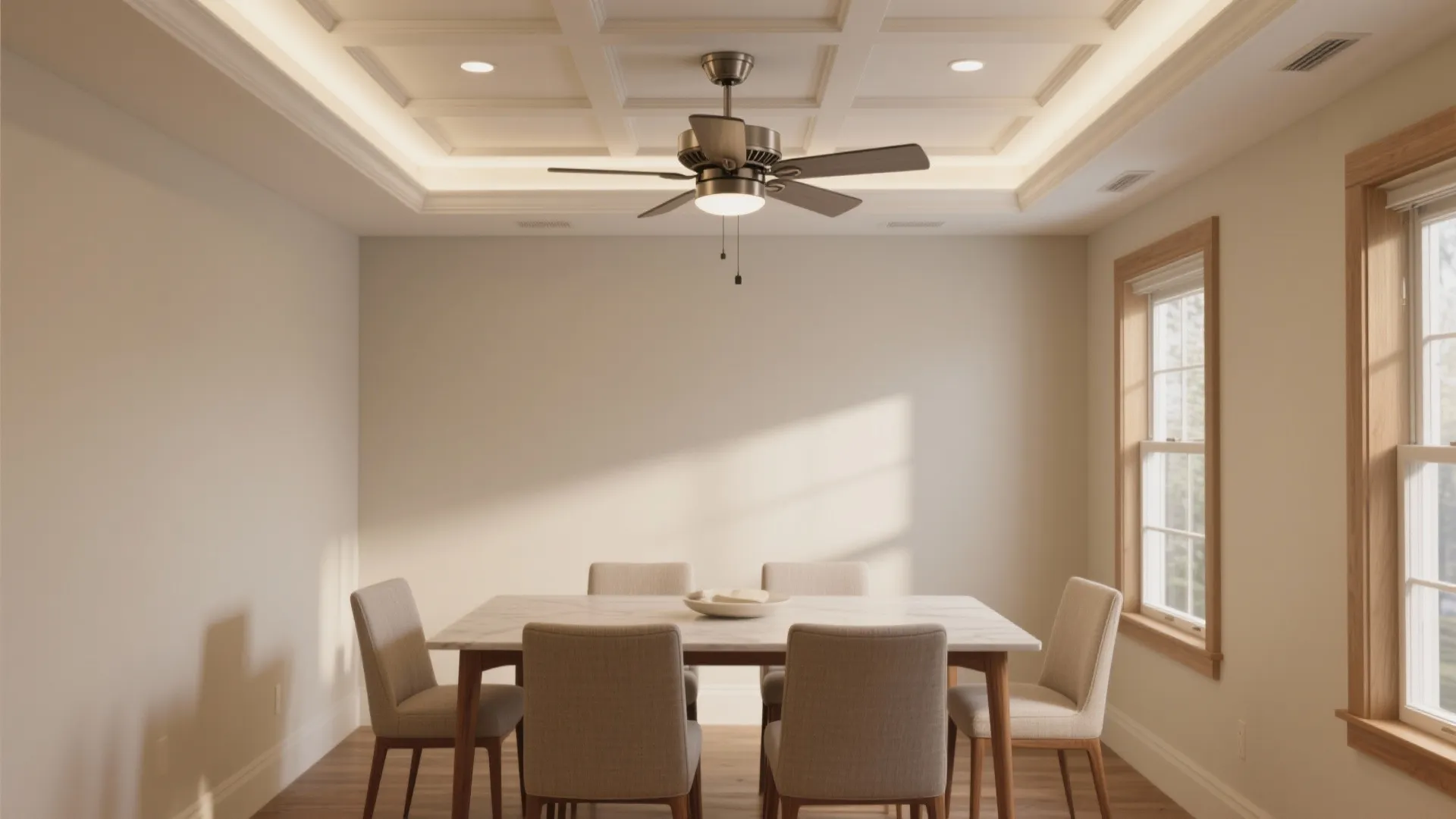 Modern dining room interior design showing a ceiling fan above a marble table with chairs