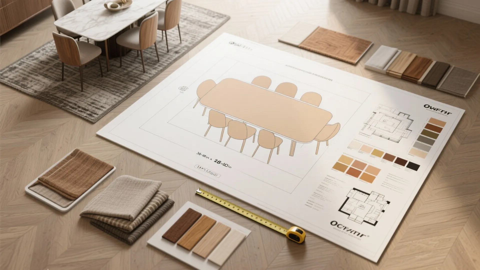 Top-down flatlay of scale templates, rug guide, and color swatches for planning a 10 x 10 dining room.