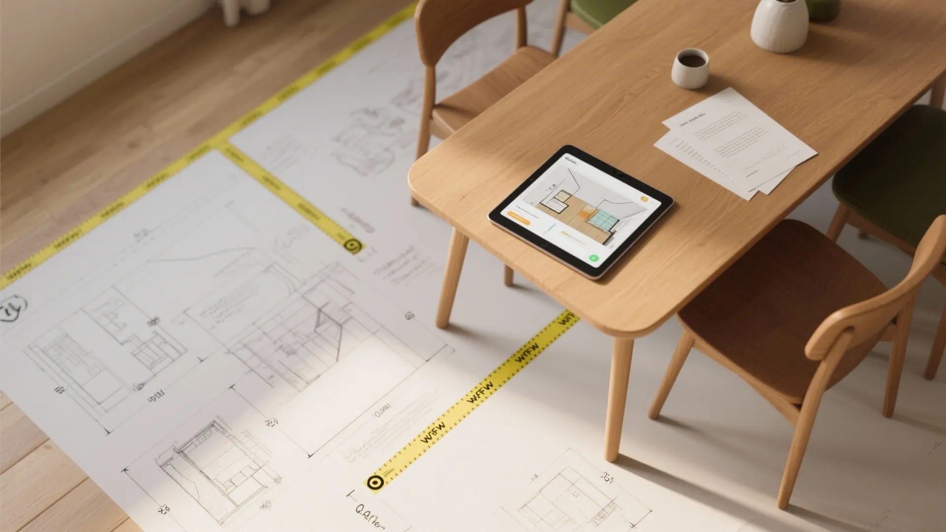 Top-down view of a small dining table with layout tape, measurement notes and a tablet showing a room planner