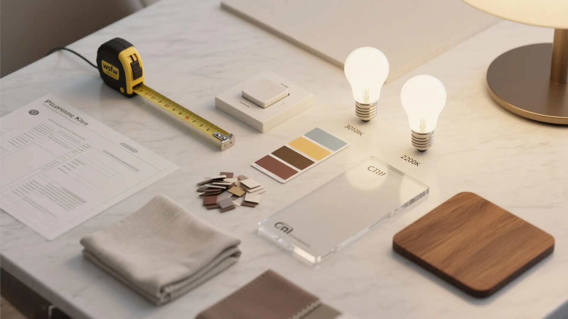 Marble table with design tools tape measure light bulbs color samples and a wood sample