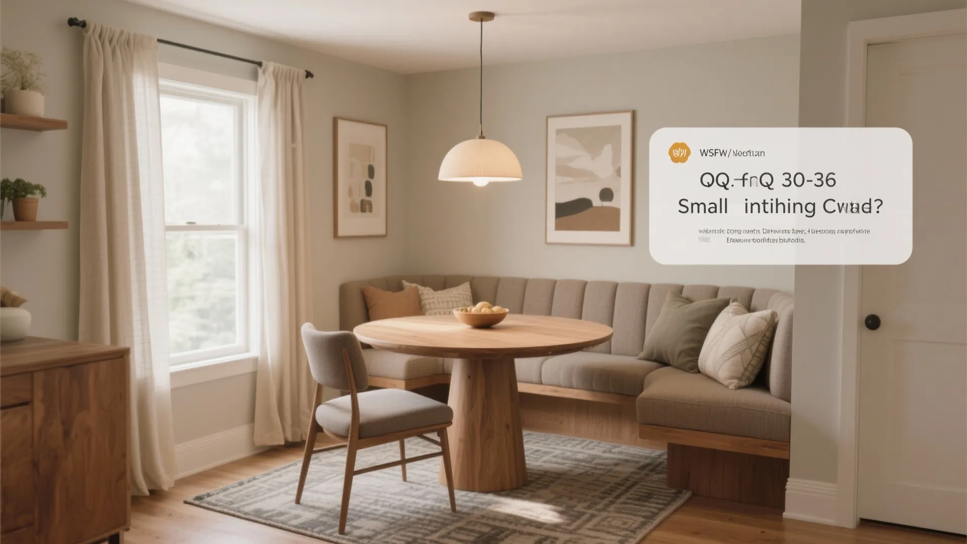 Cozy dining area with a corner sofa bench, wooden table, single chair, and hanging light