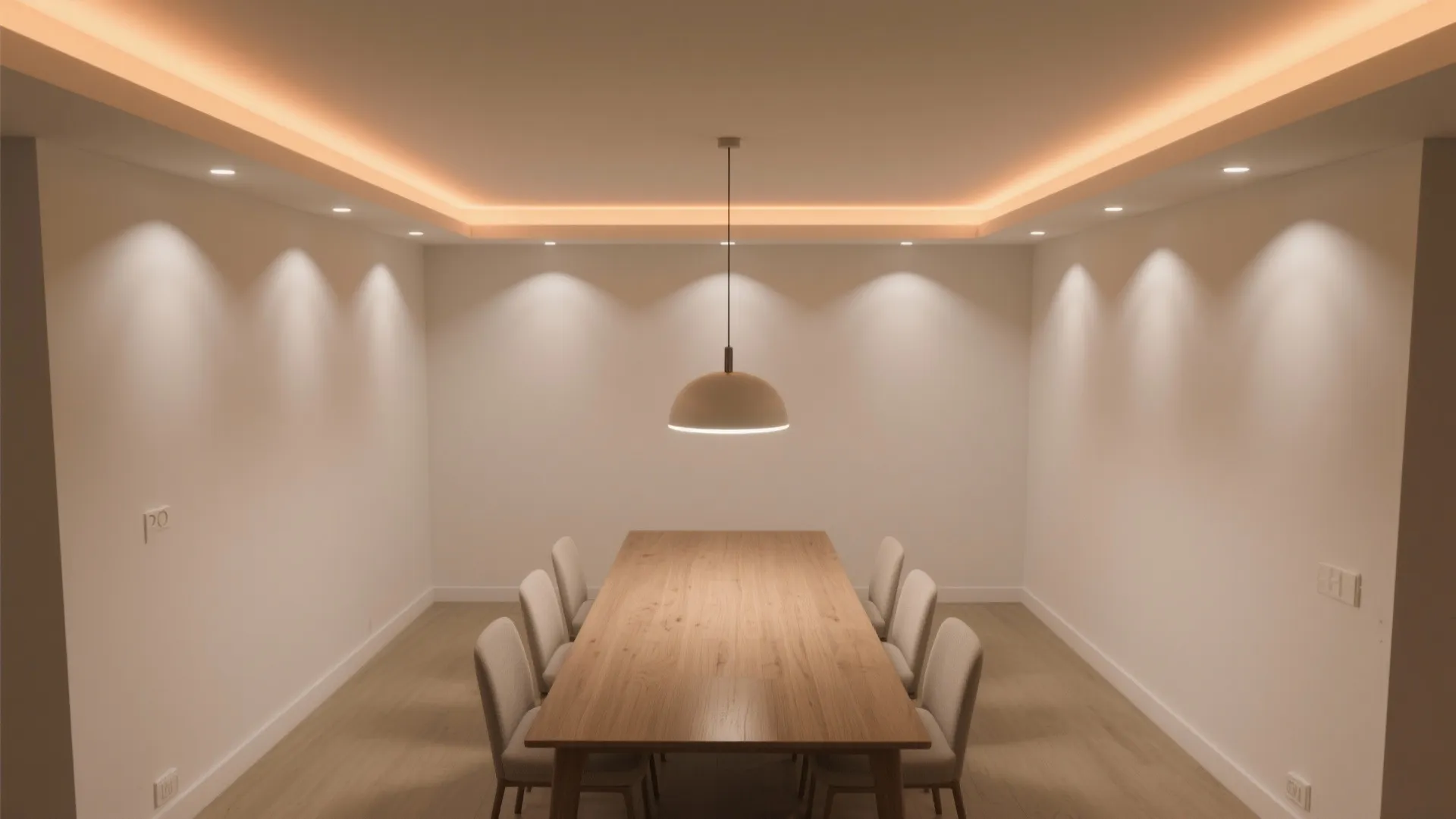 Minimalist dining room with long wooden table grey chairs white walls and round ceiling light