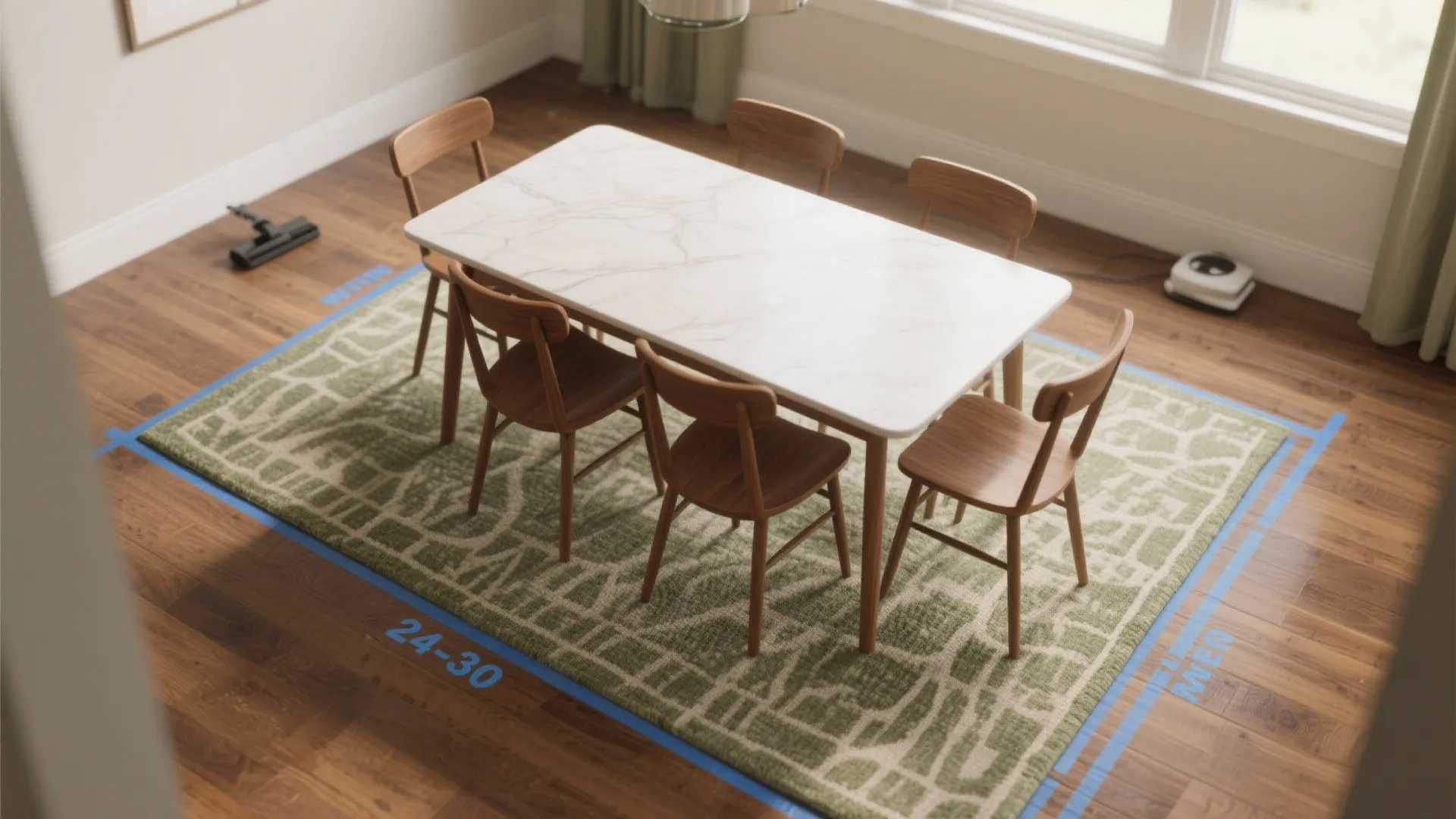Interior design drawing showing white dining table, wooden chairs, green rug, and blue measurement markings