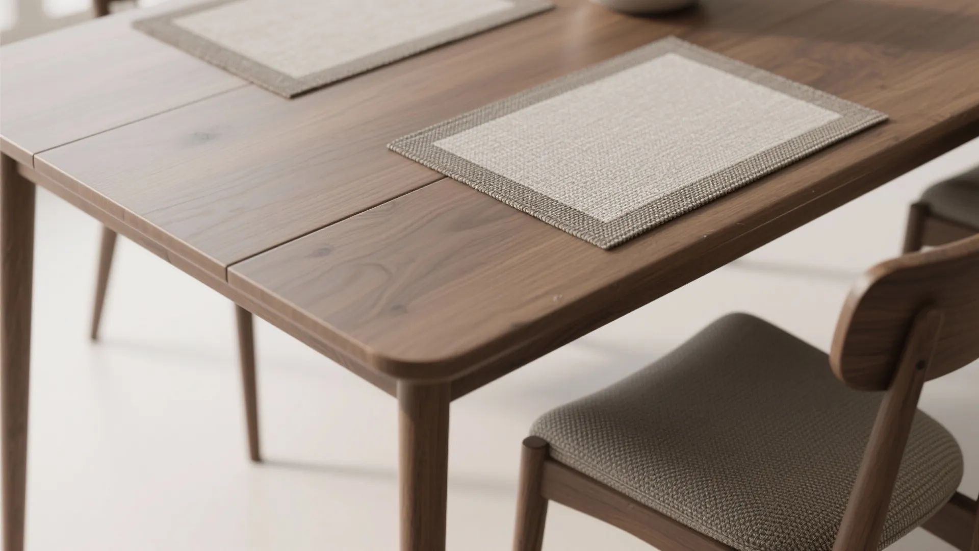 Close up of dark wood dining table featuring two beige place mats and wooden chair