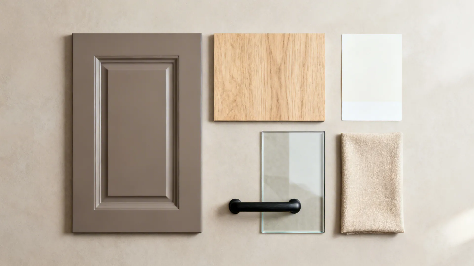 Material board with brown cabinet door wood sample white color card glass and beige fabric