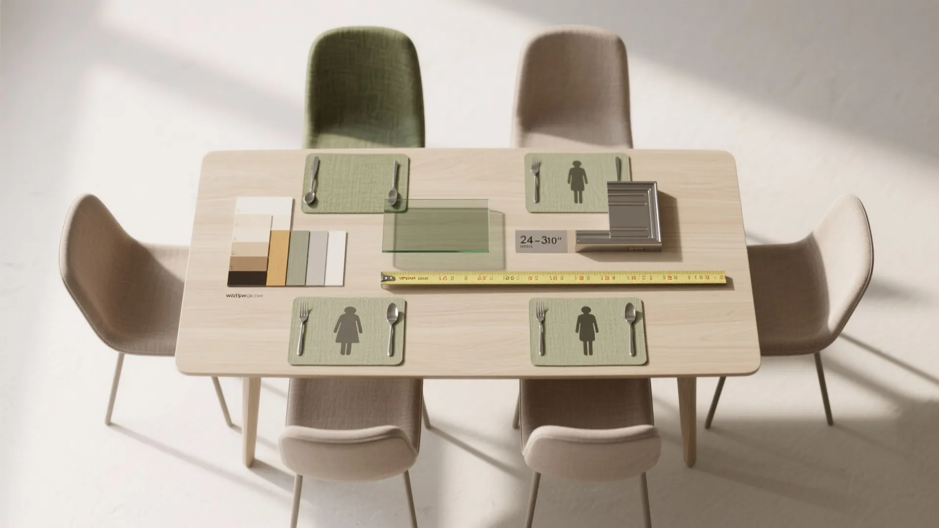 Interior design drawing showing a wooden table with chairs color samples and yellow measuring tape