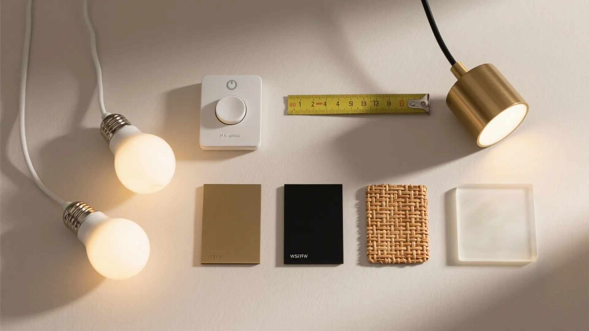 Top-down flat lay of warm LED bulbs, dimmer switch, tape measure, opal glass and finish samples for dining lighting