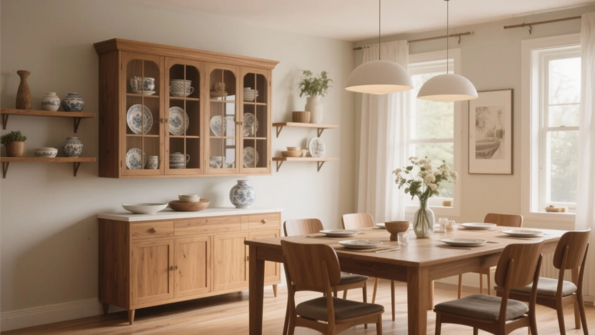 Wooden dining table and chairs near a large wall cabinet under two white ceiling lights
