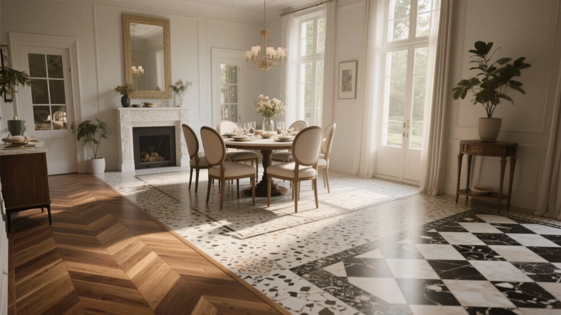 Elegant dining room featuring round table and chairs with wood floors and black white tile