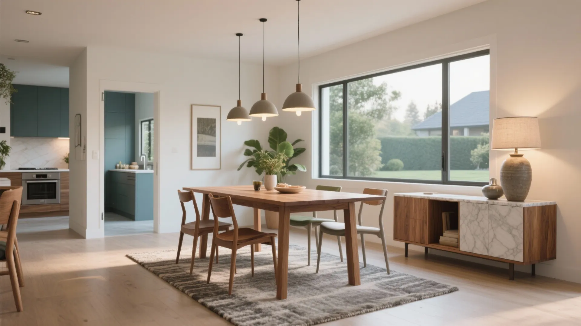 Spacious dining room with wooden table three ceiling lights marble cabinet and large window looking outside