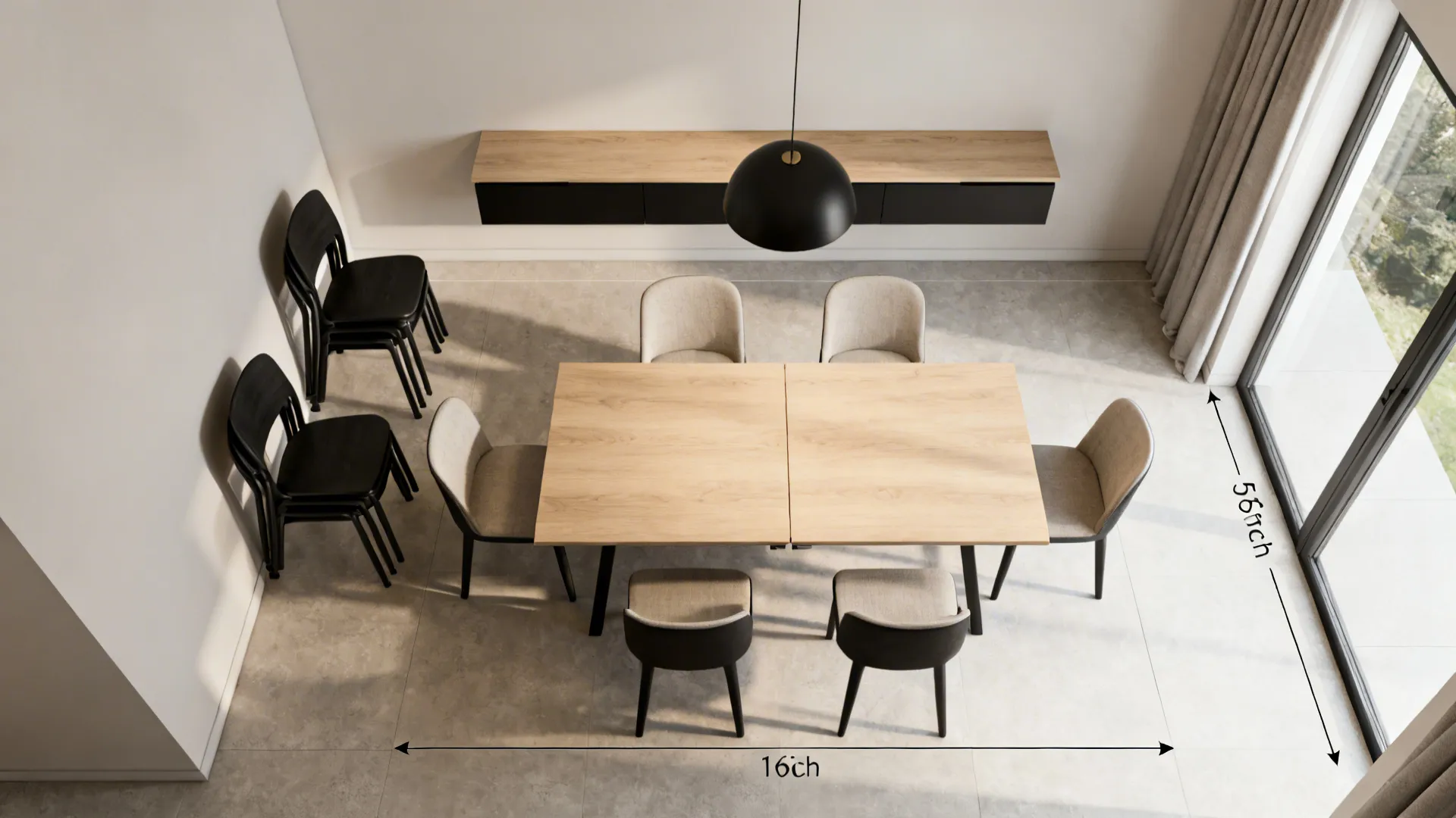 Interior design drawing showing dining room layout with table chairs dimensions and black ceiling light