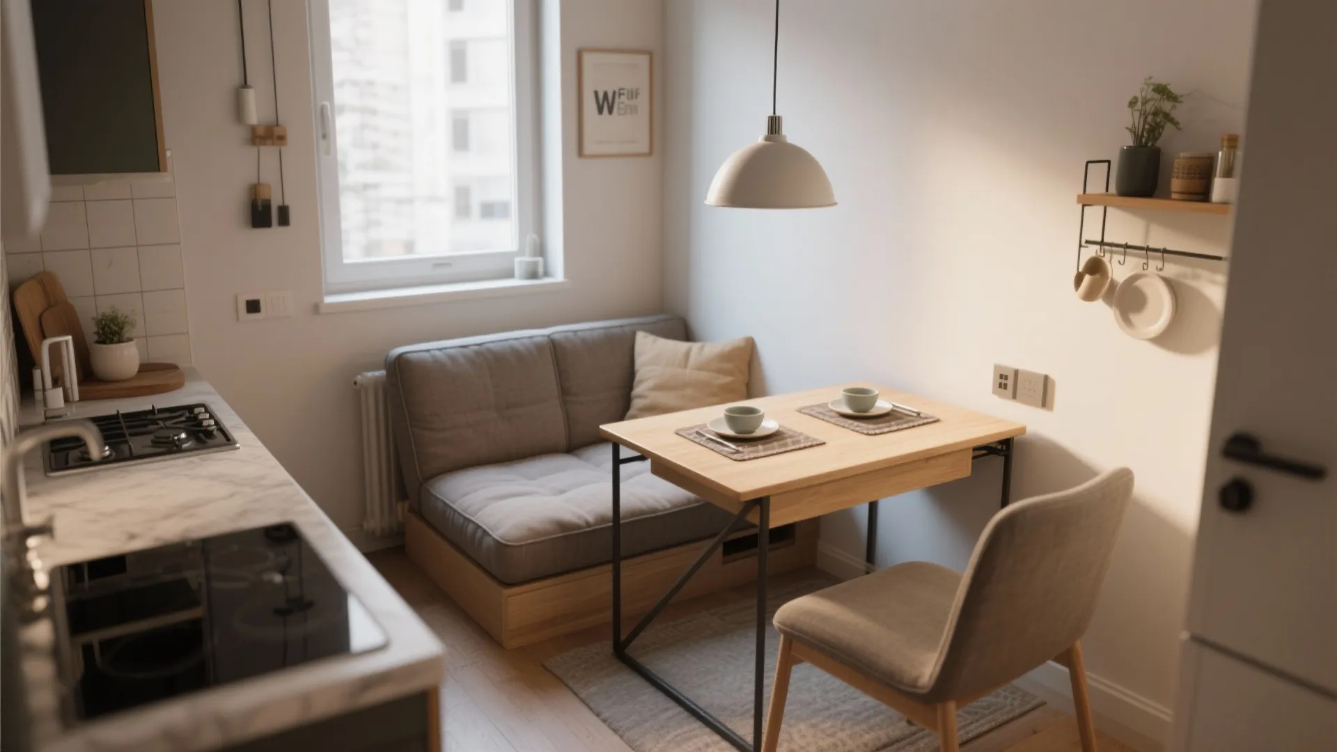 Small dining area with wooden table, grey sofa, one chair, ceiling light, and window view