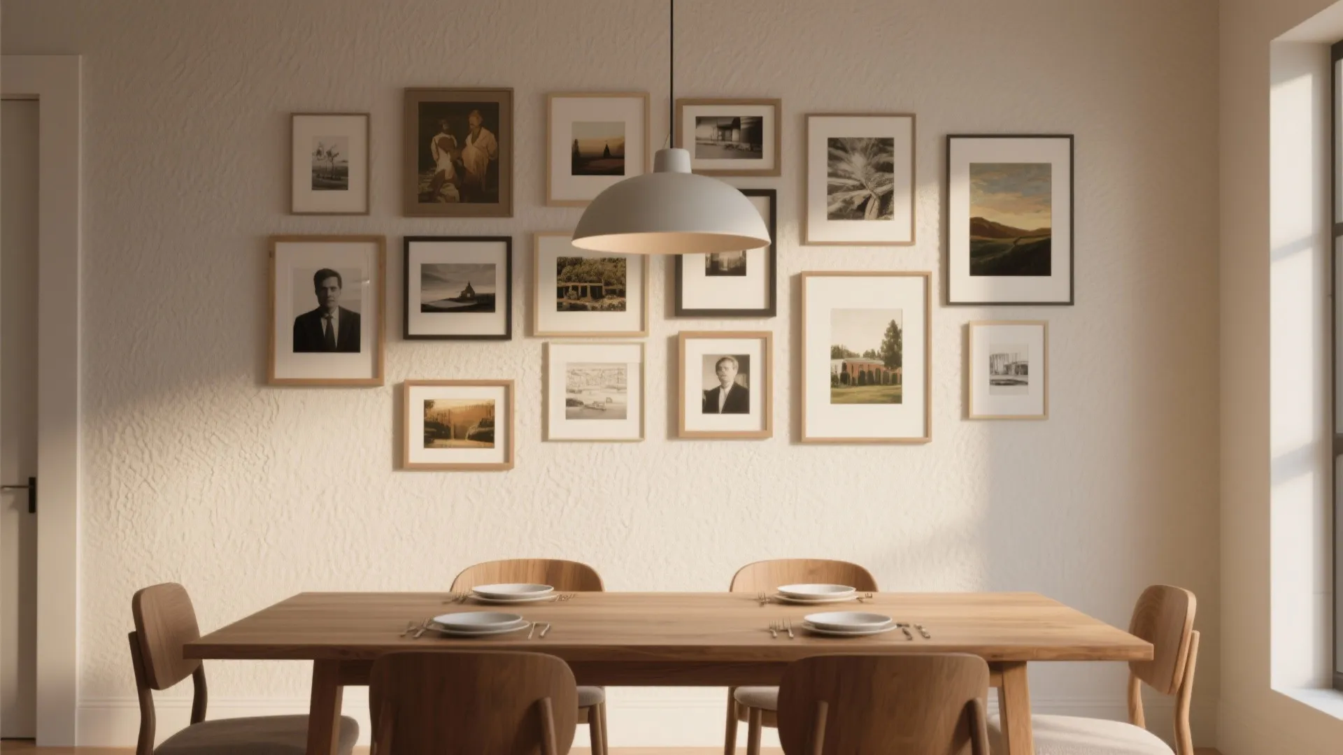 Wooden dining table with four chairs and a gallery wall with multiple framed art pieces