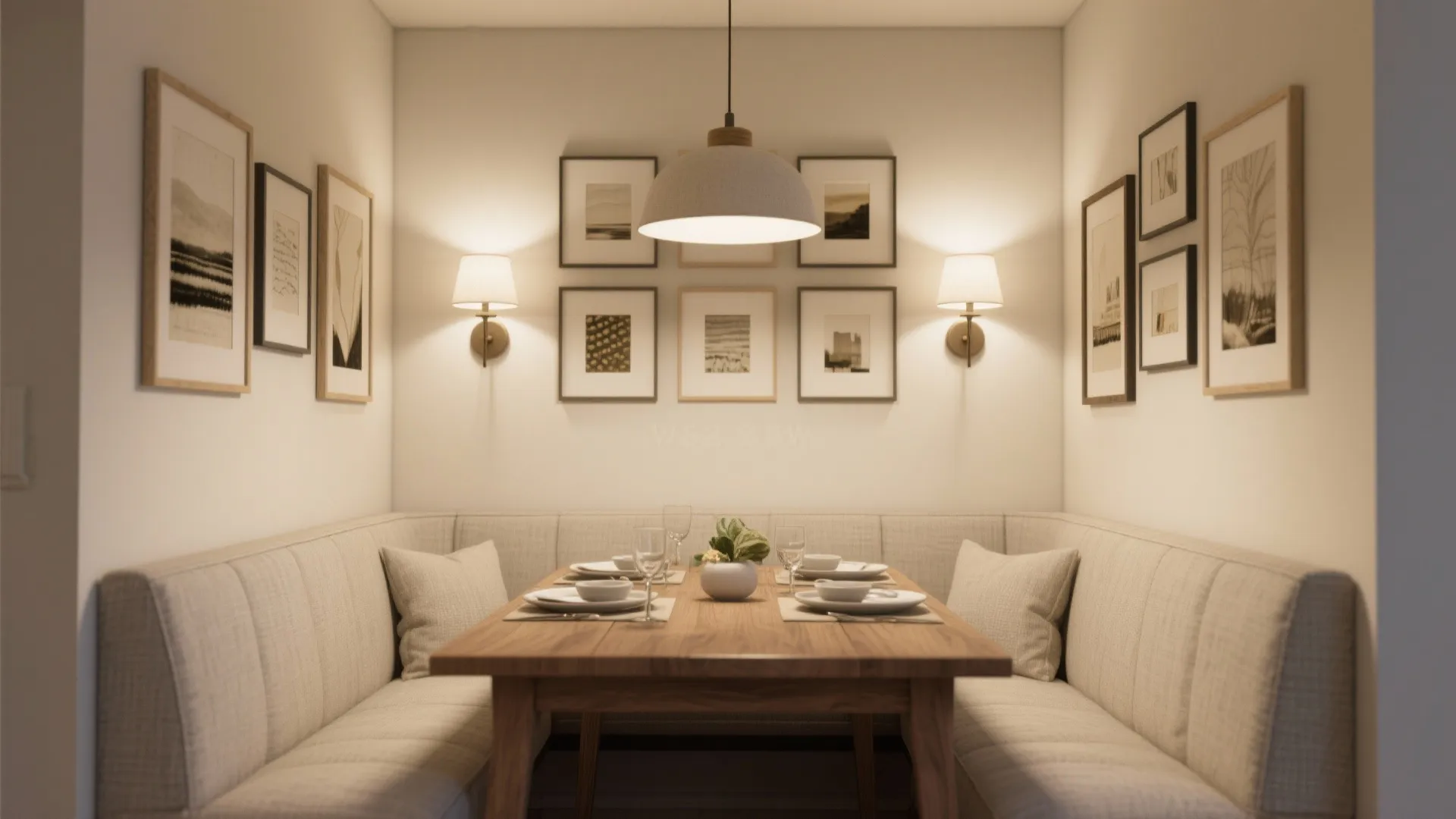 Dining area with wooden table, beige seating, wall lights, and many framed pictures on wall.