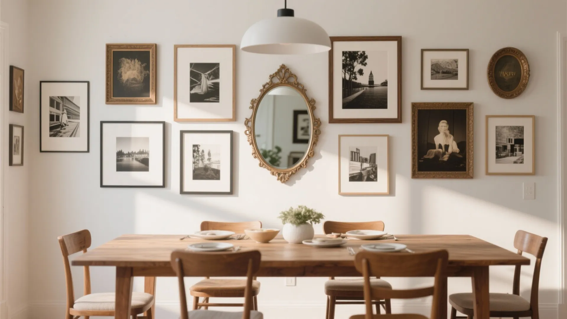 Dining room with wooden table and chairs featuring a gallery wall of many framed pictures