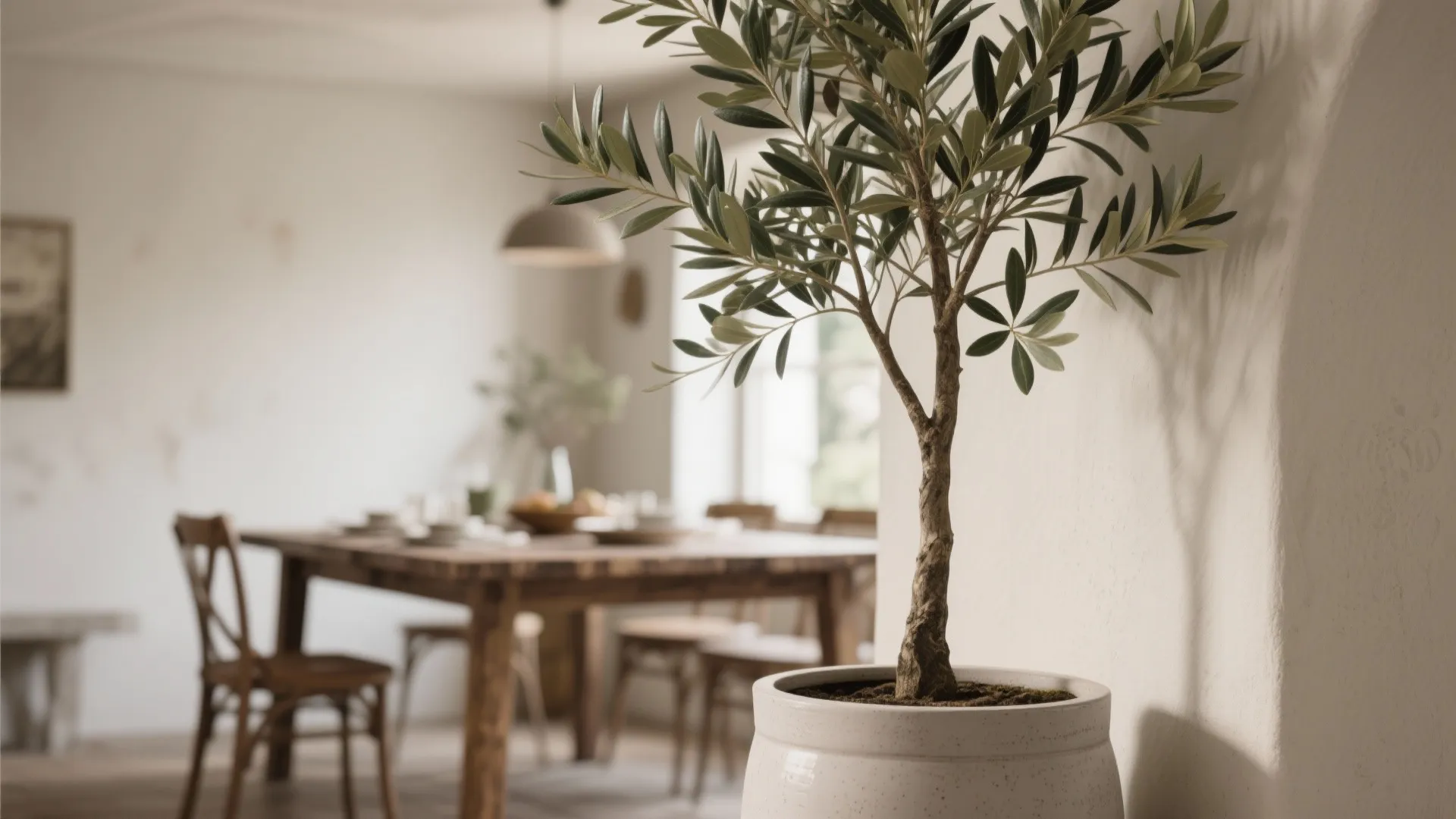 Olive tree in ceramic planter beside rustic dining table