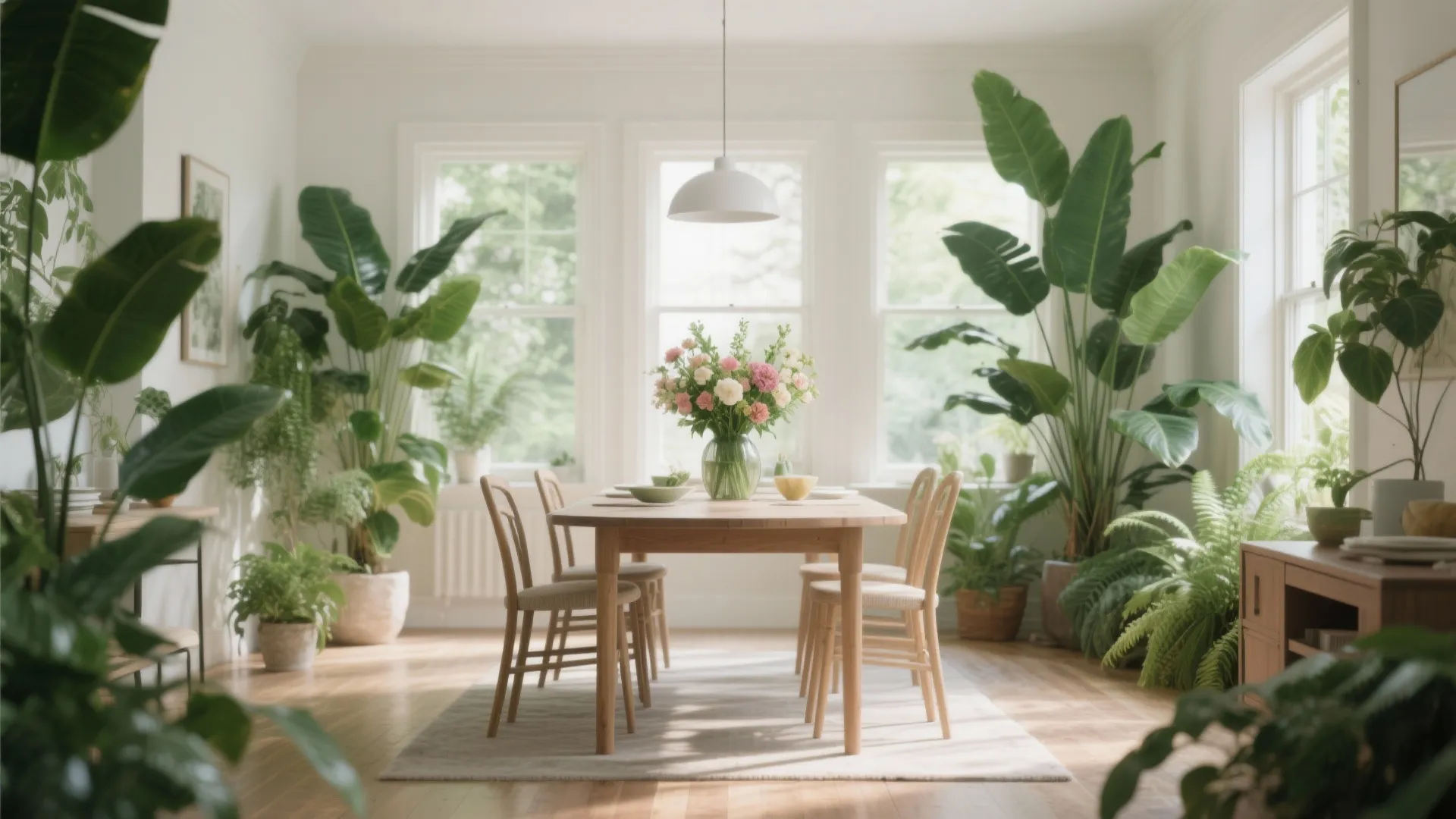 Dining room with tall plant and fresh flowers on table