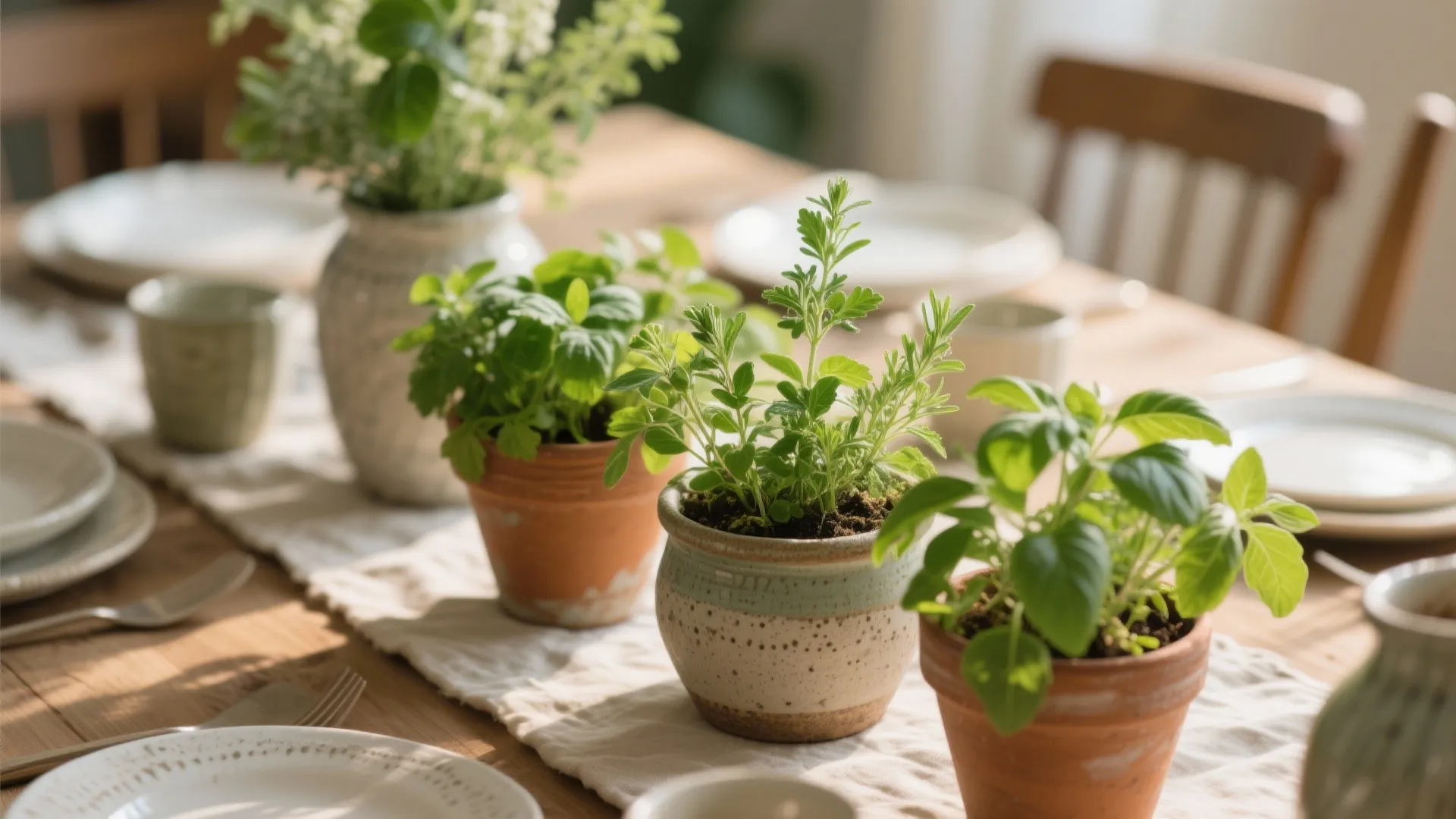 Potted herbs used as centerpiece on a dining table