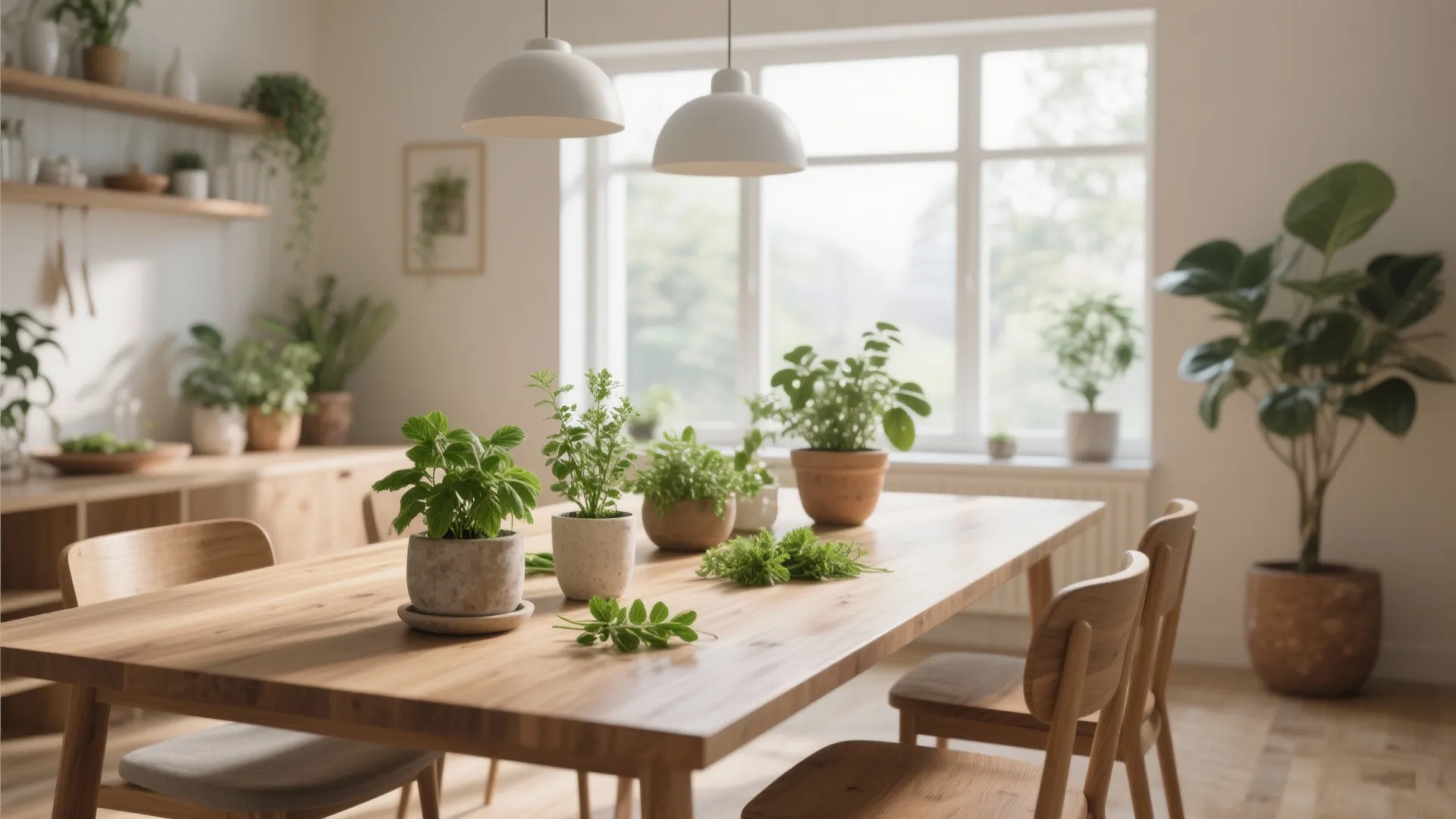 Dining room table with greenery and potted plants