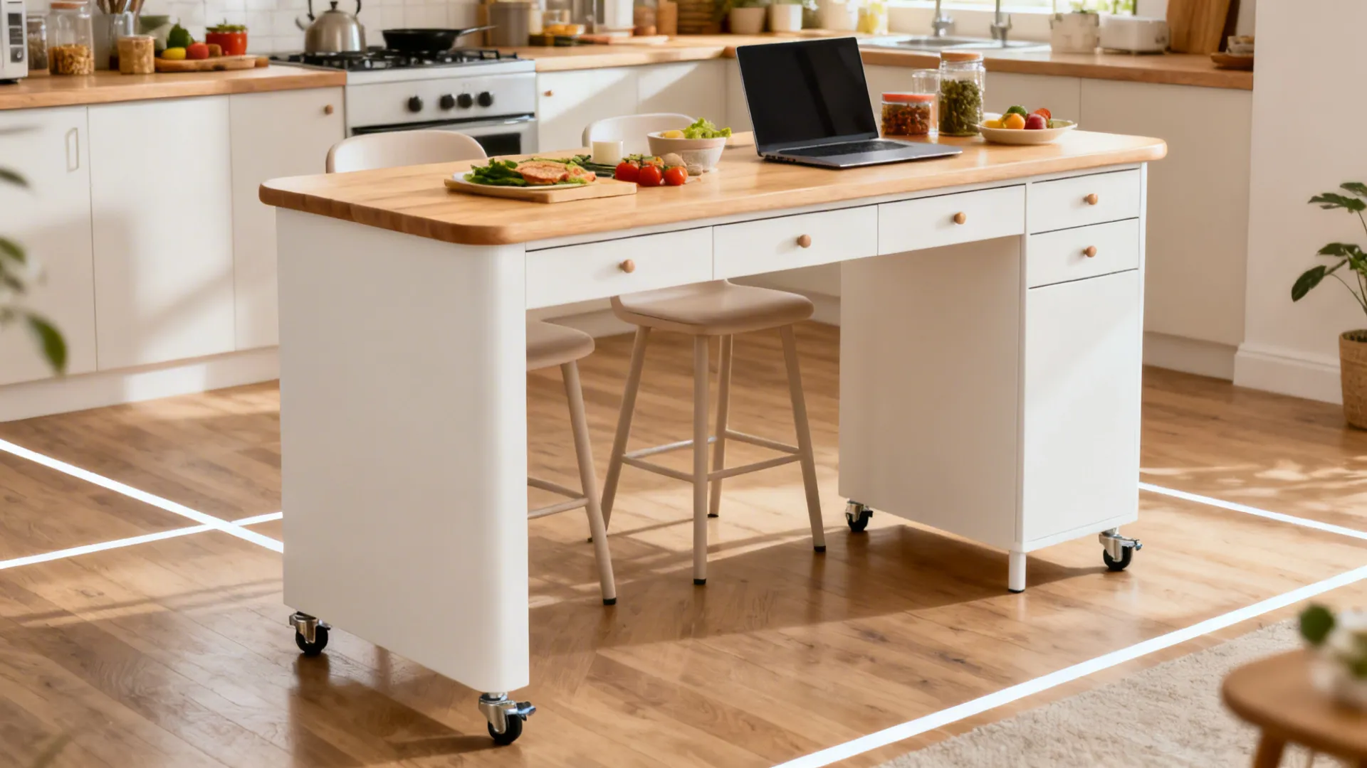 Dining-height island table with slim drawers used for prep, dining, and laptop work.