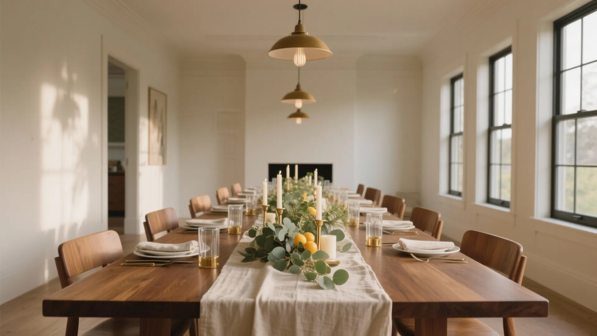 Dining room with long wood table gold ceiling lights white walls and black frame windows