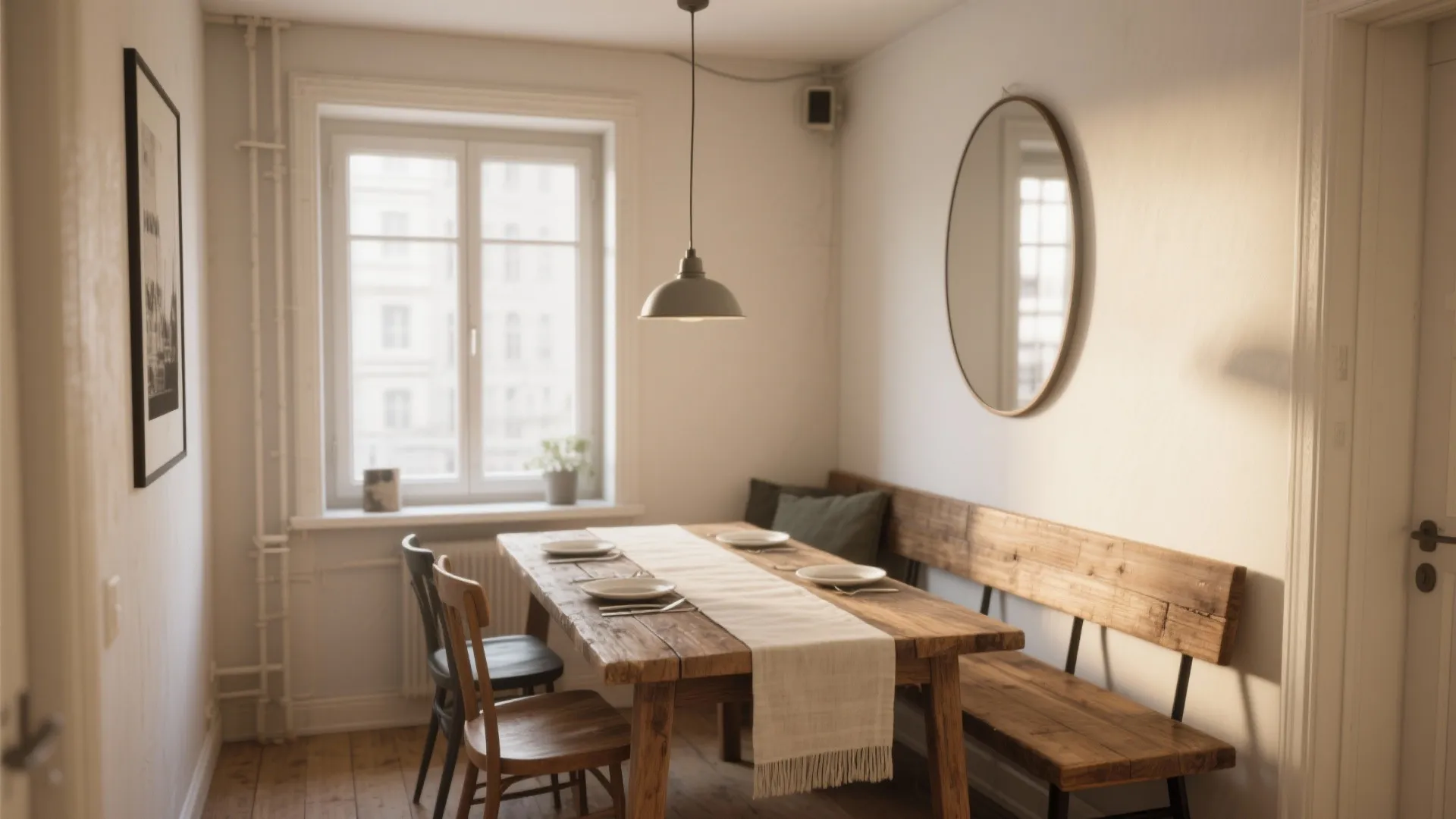 Rustic wooden dining table with bench, chairs, grey ceiling light, round mirror, white walls, window