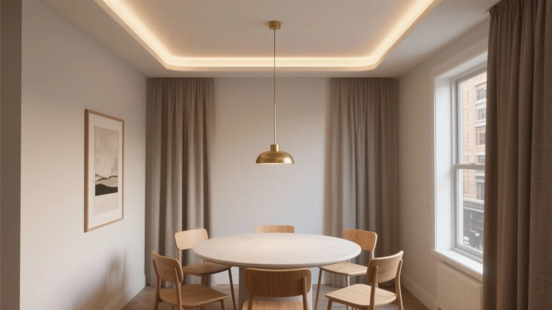 Minimalist dining room with round white table wood chairs gold ceiling light and beige curtains